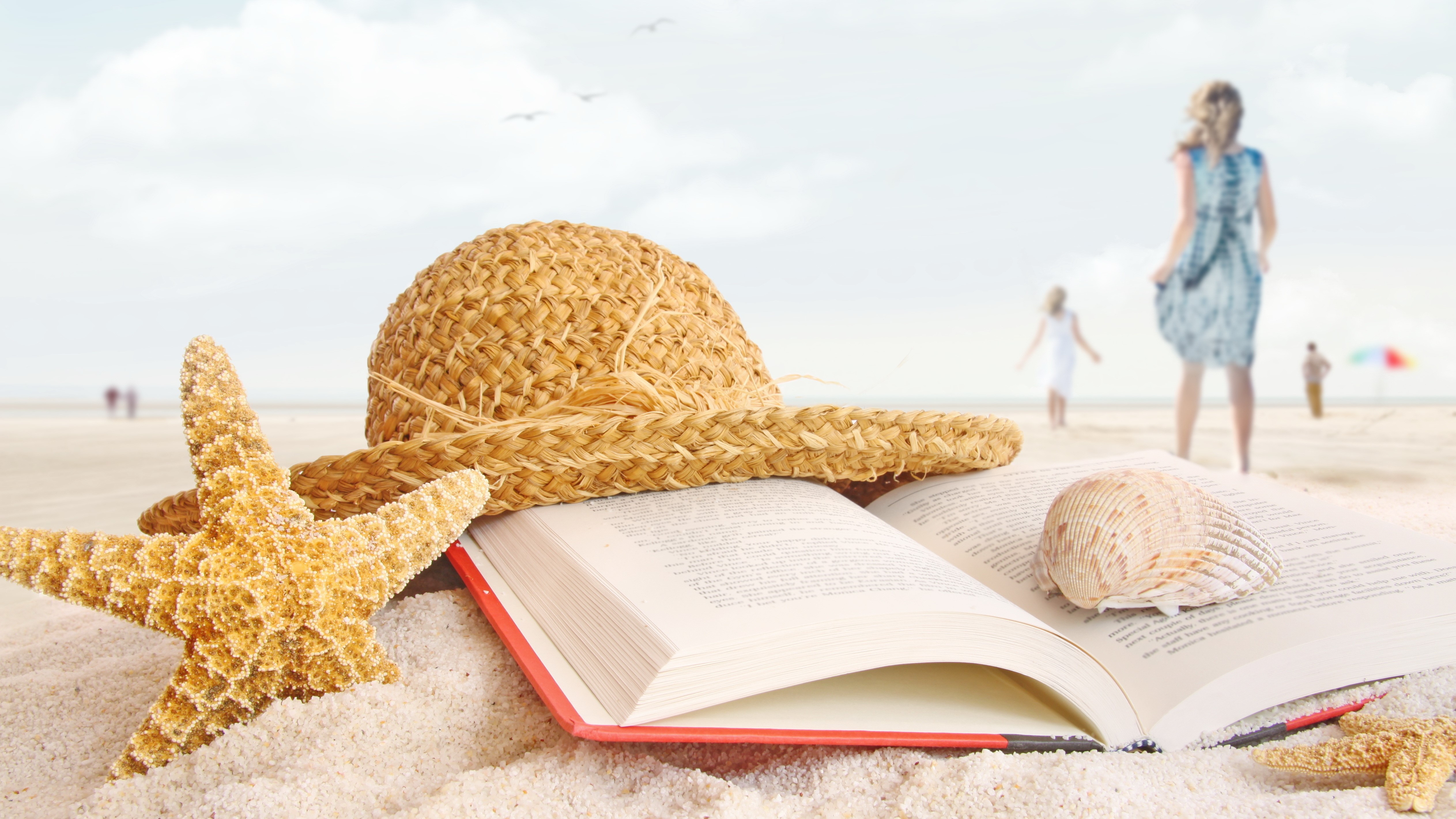 Beach scene with book, hat, starfish, and people HD Wallpaper