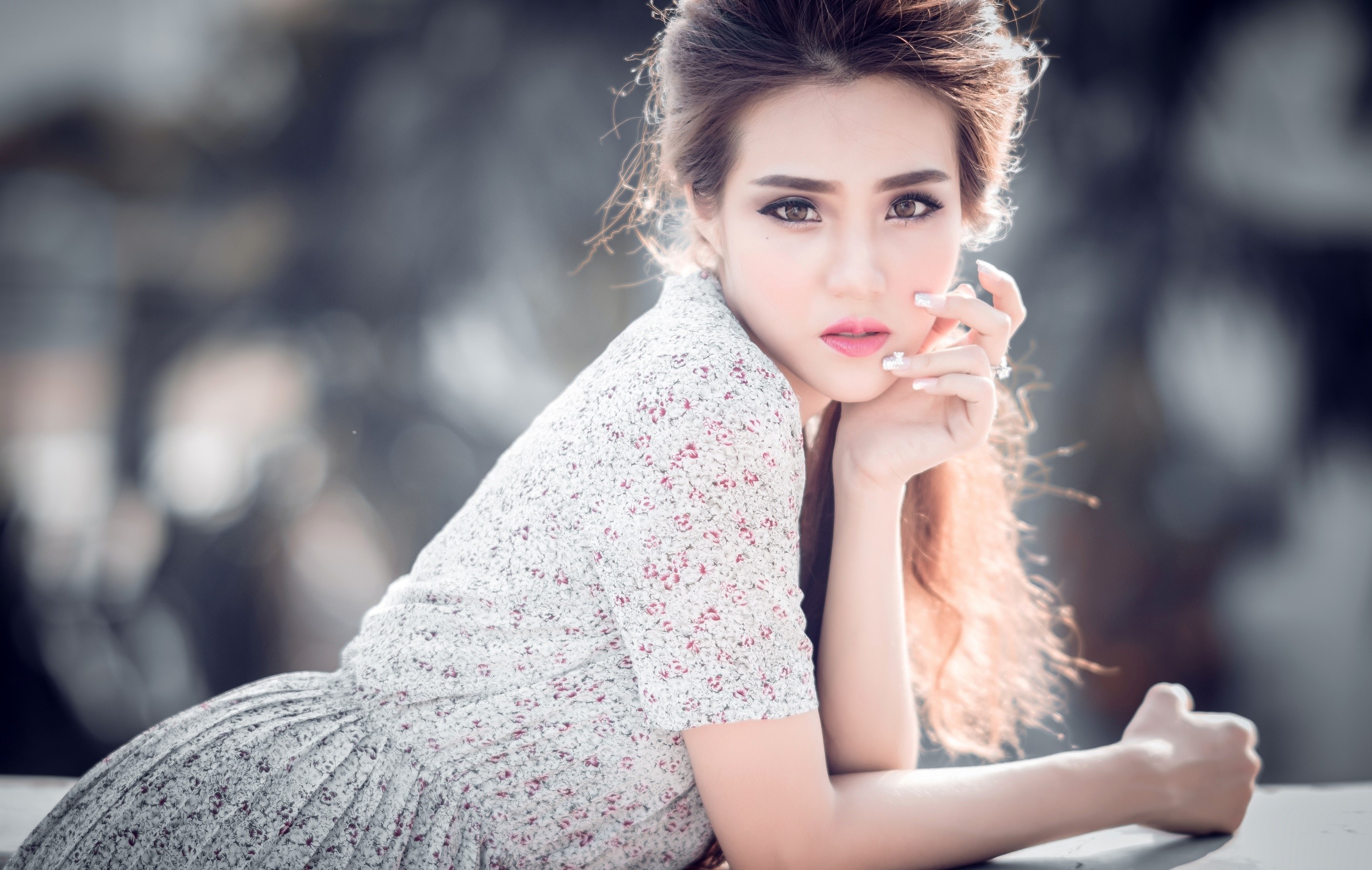 Asian woman with brown hair in a floral dress HD Wallpaper