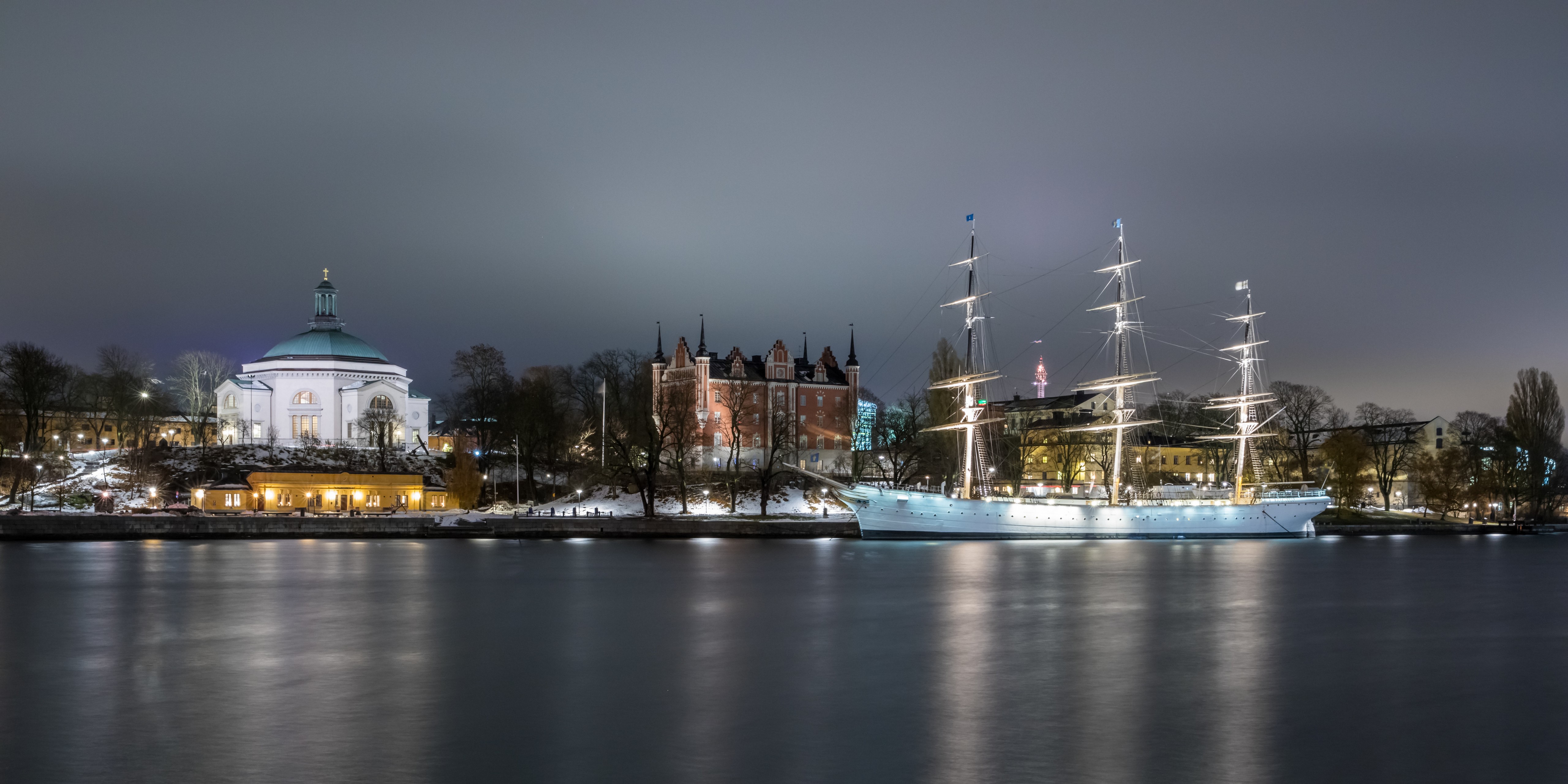 Stockholm Waterfront with Ship and Church at Night HD Wallpaper