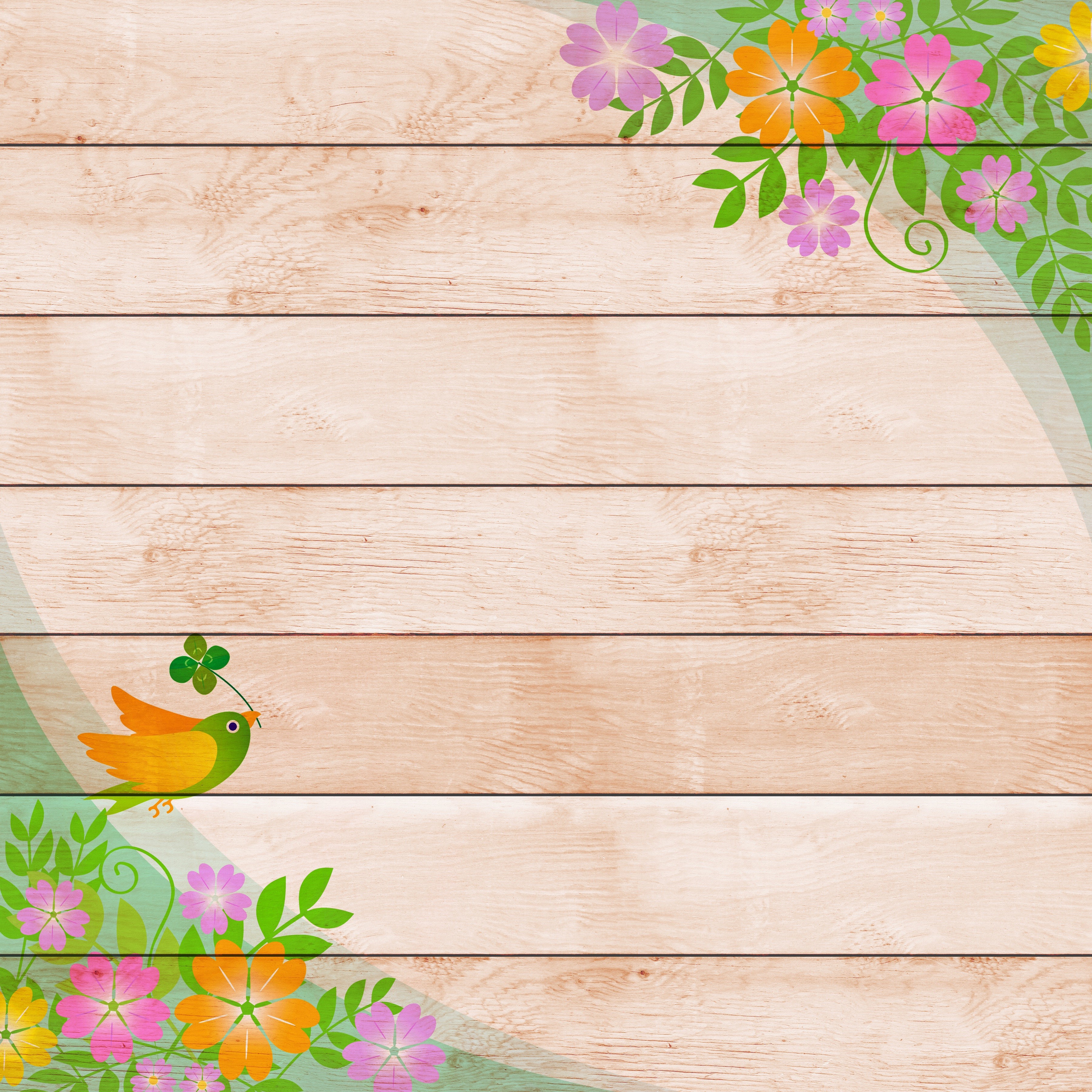 Bird with clover on wood planks and flowers HD Wallpaper