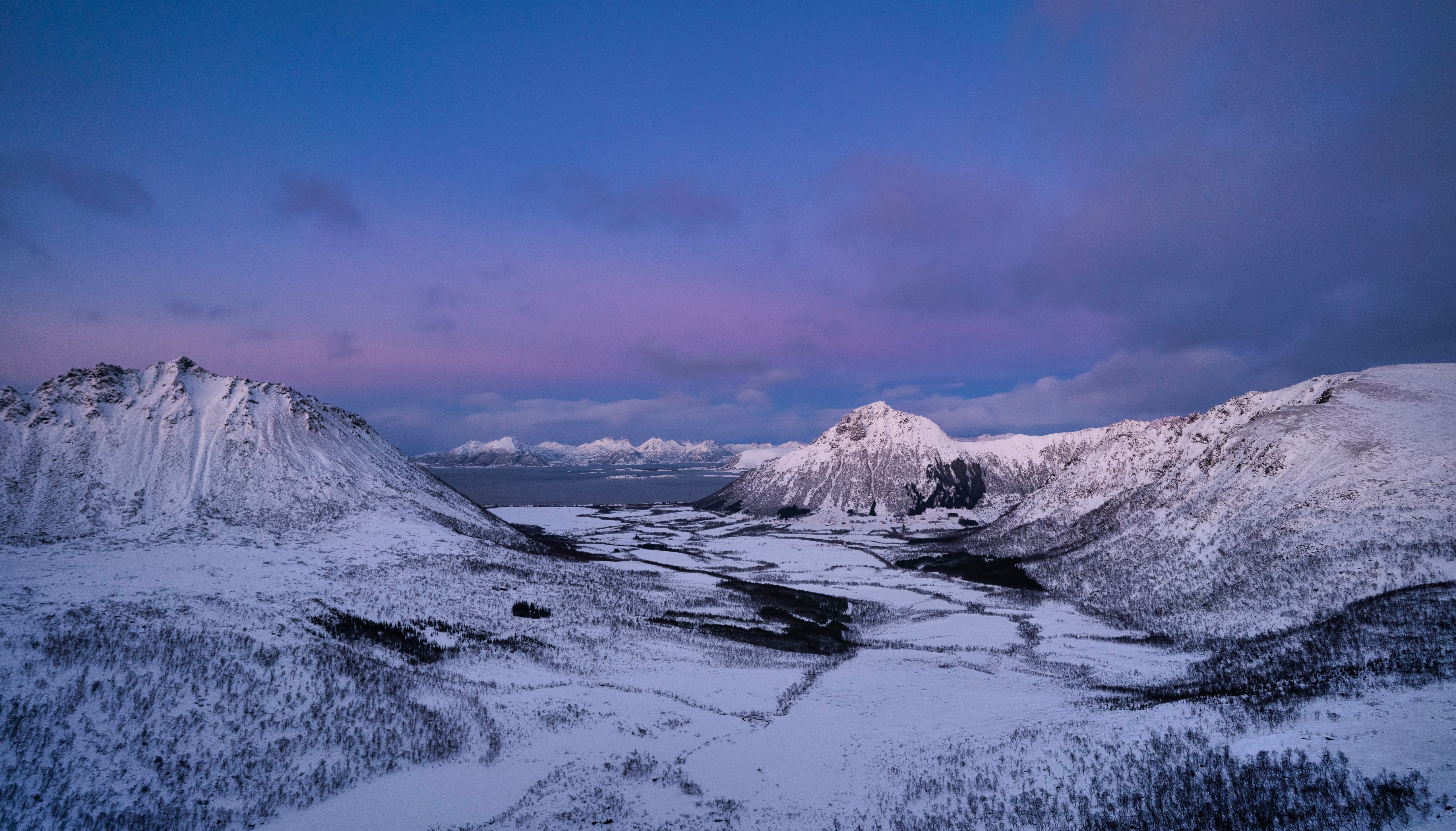 Snowy Mountains in Lofoten, Norway at Dusk HD Wallpaper