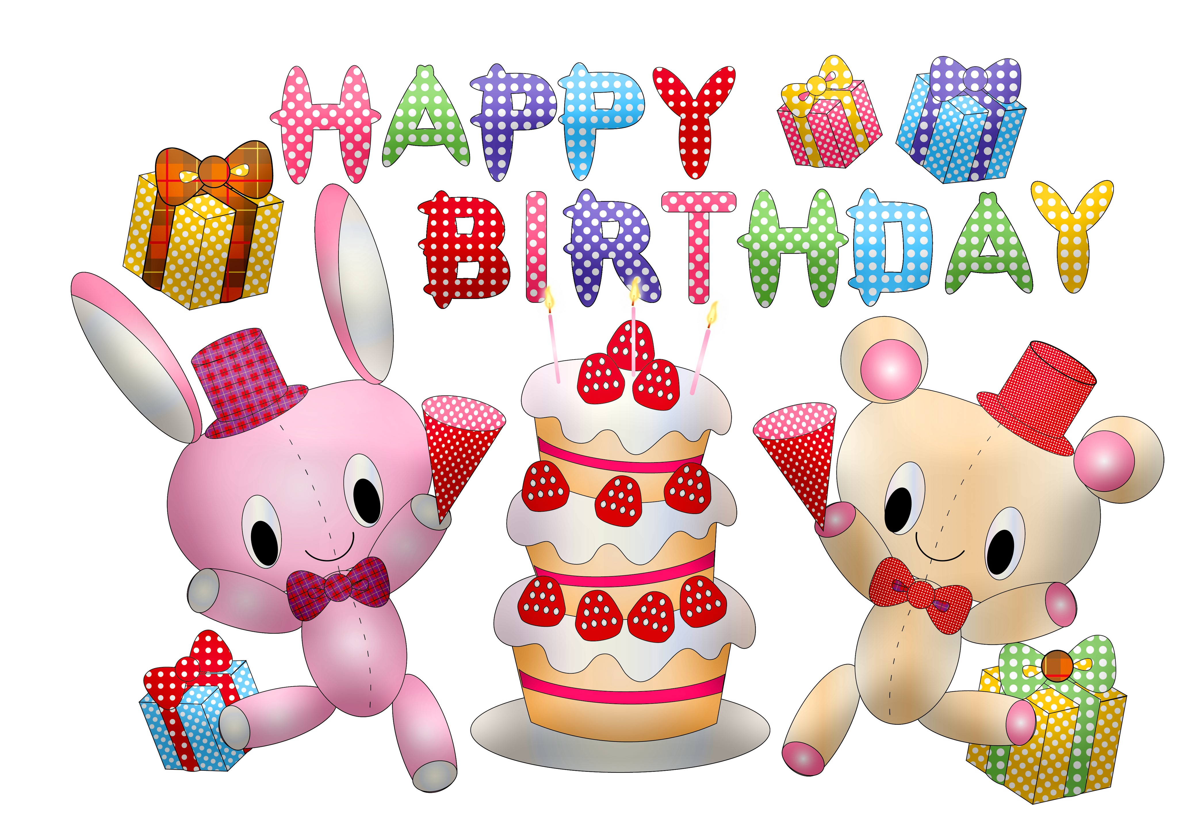 Happy Birthday with stuffed animals and cake HD Wallpaper