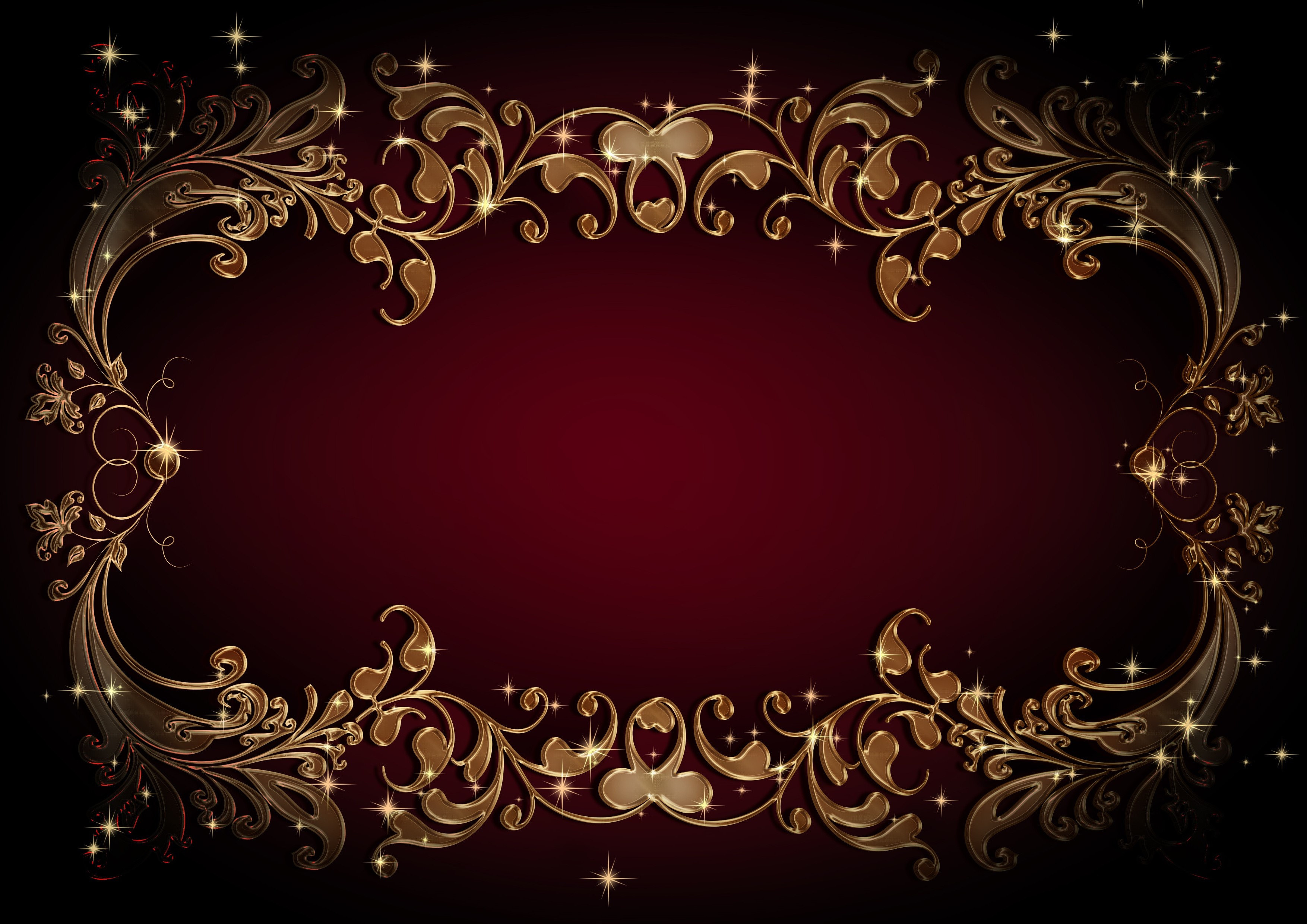Ornate golden floral frame on a dark red background HD Wallpaper