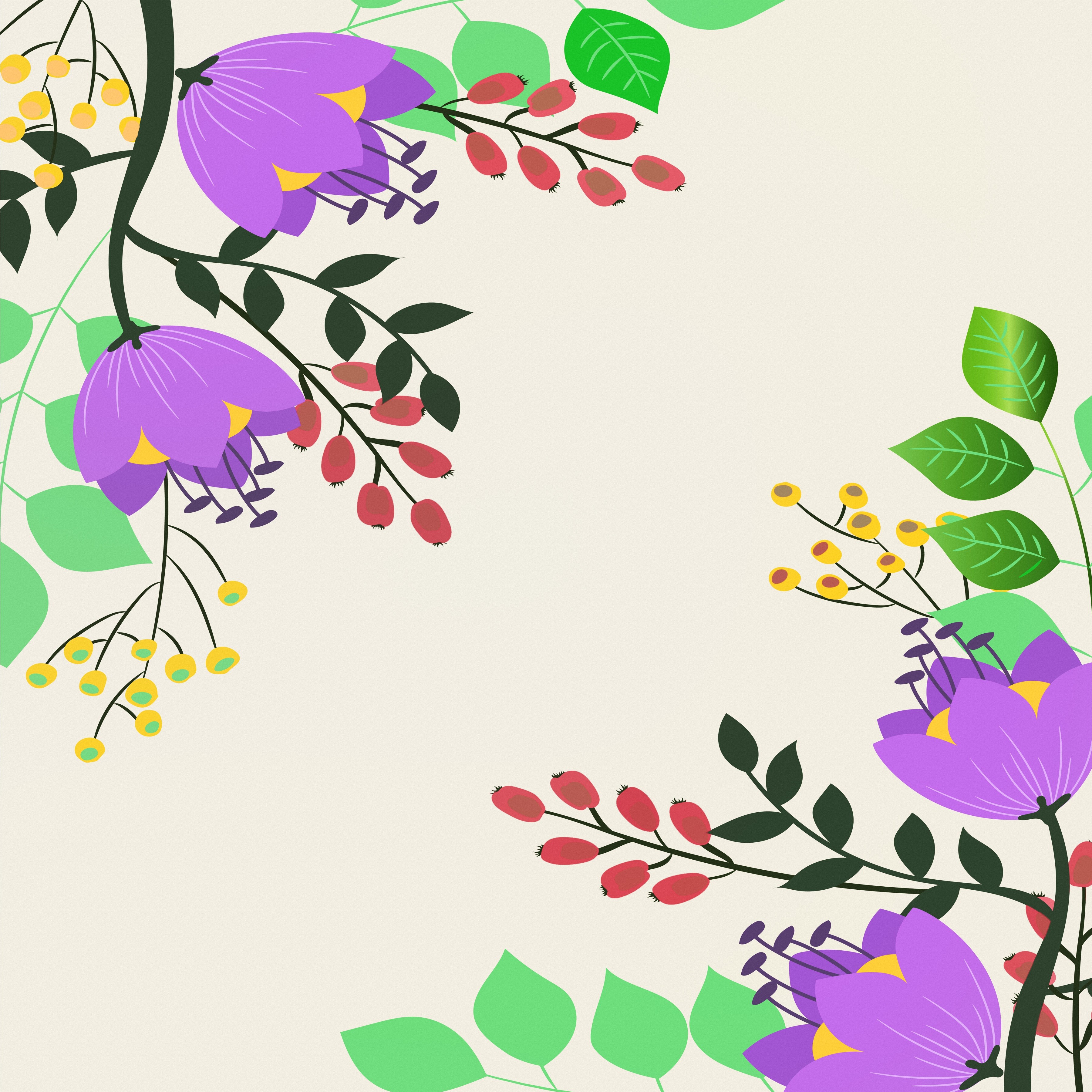 Purple flowers and berries on branches HD Wallpaper