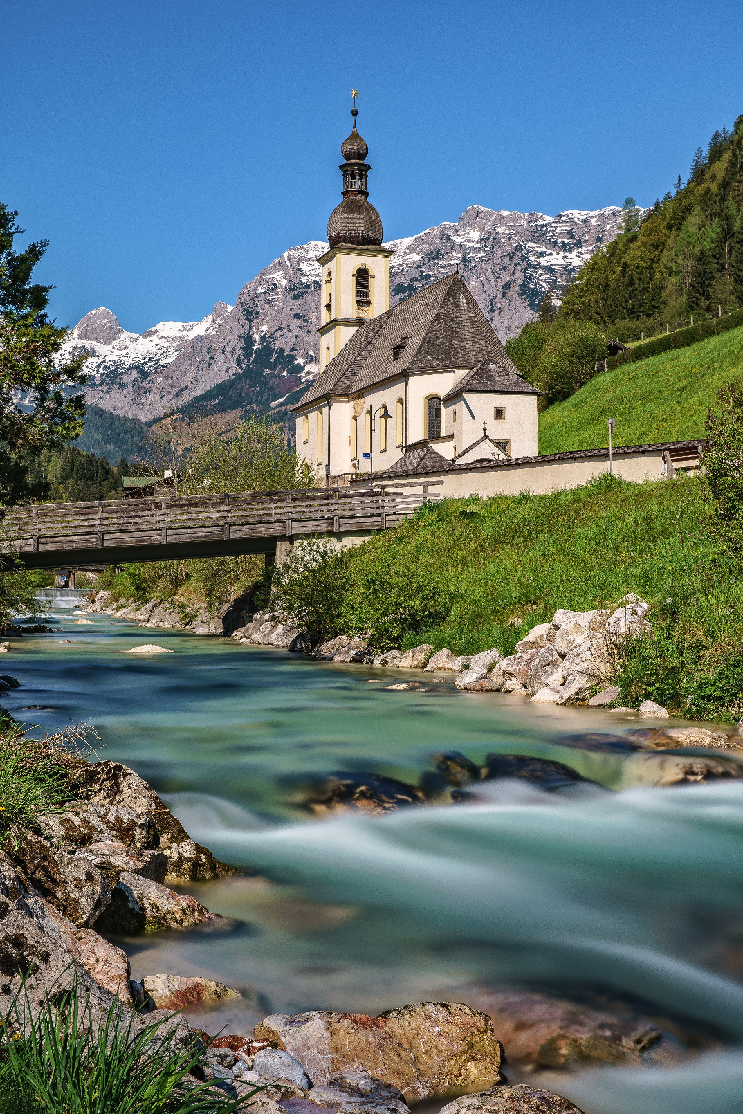Church and river in Berchtesgadener Alps, Bavaria, Germany HD Phone Wallpaper
