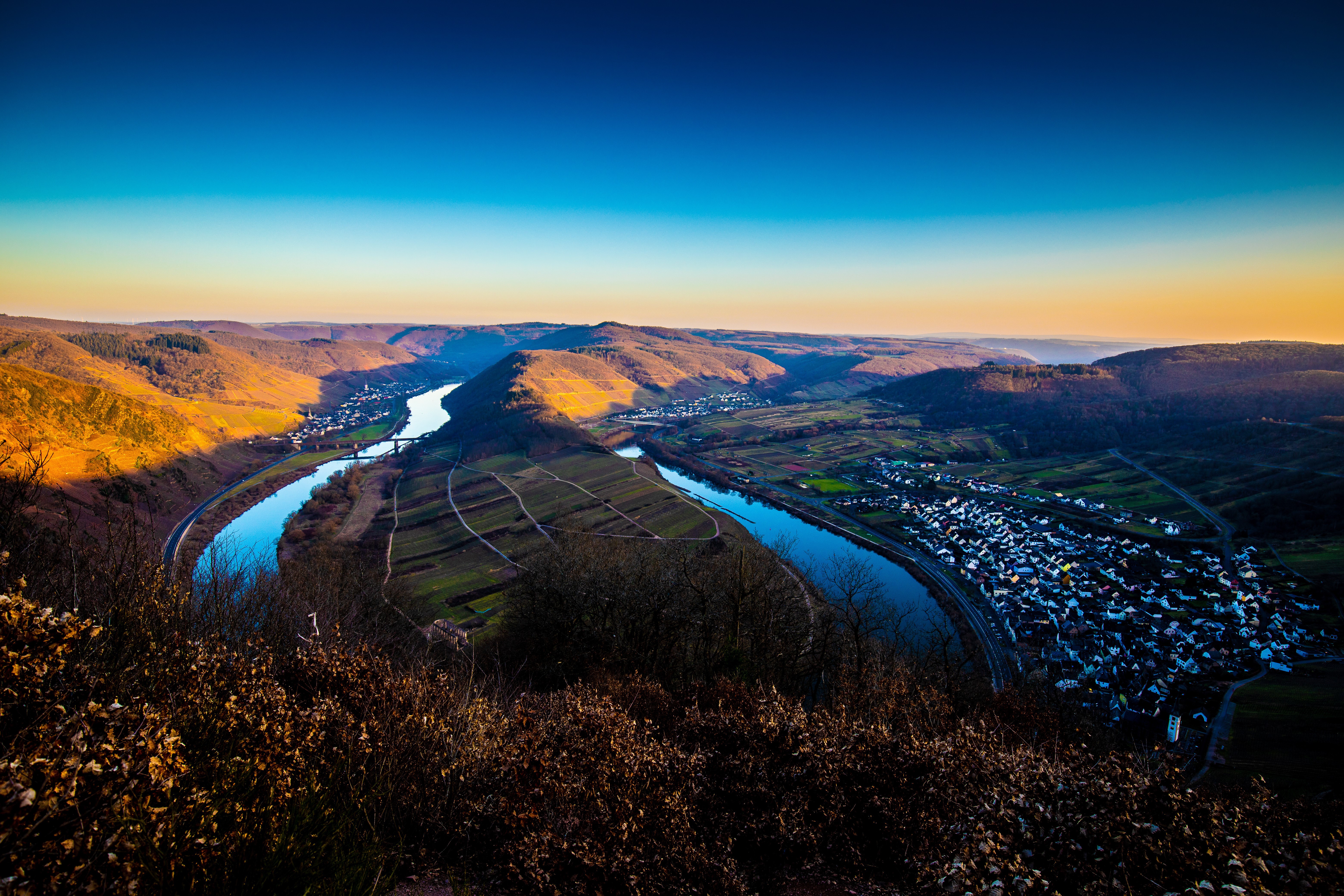 Mosel River bend with villages and vineyards in Germany HD Wallpaper