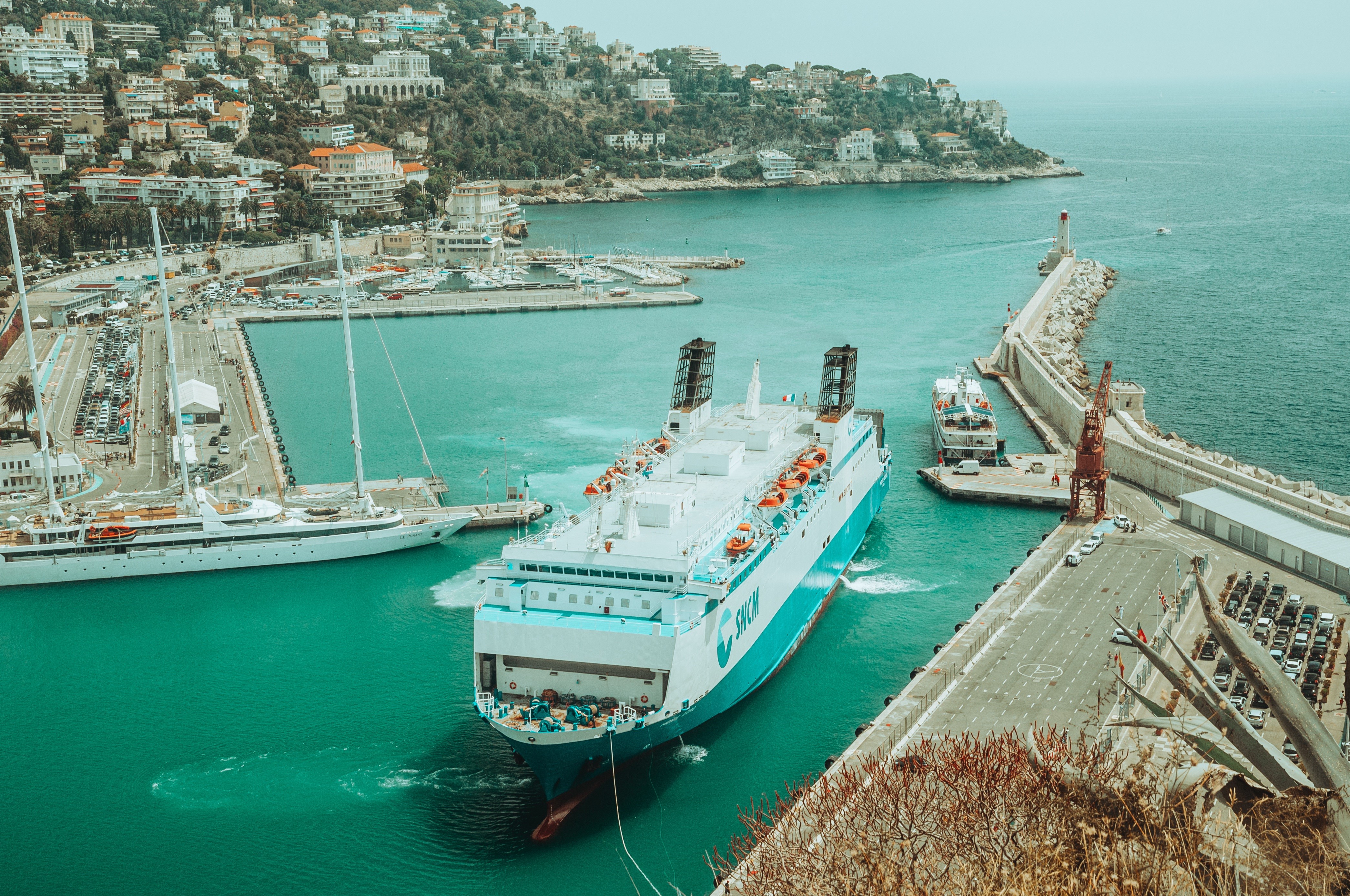 Ferry and yachts in Nice, France HD Wallpaper