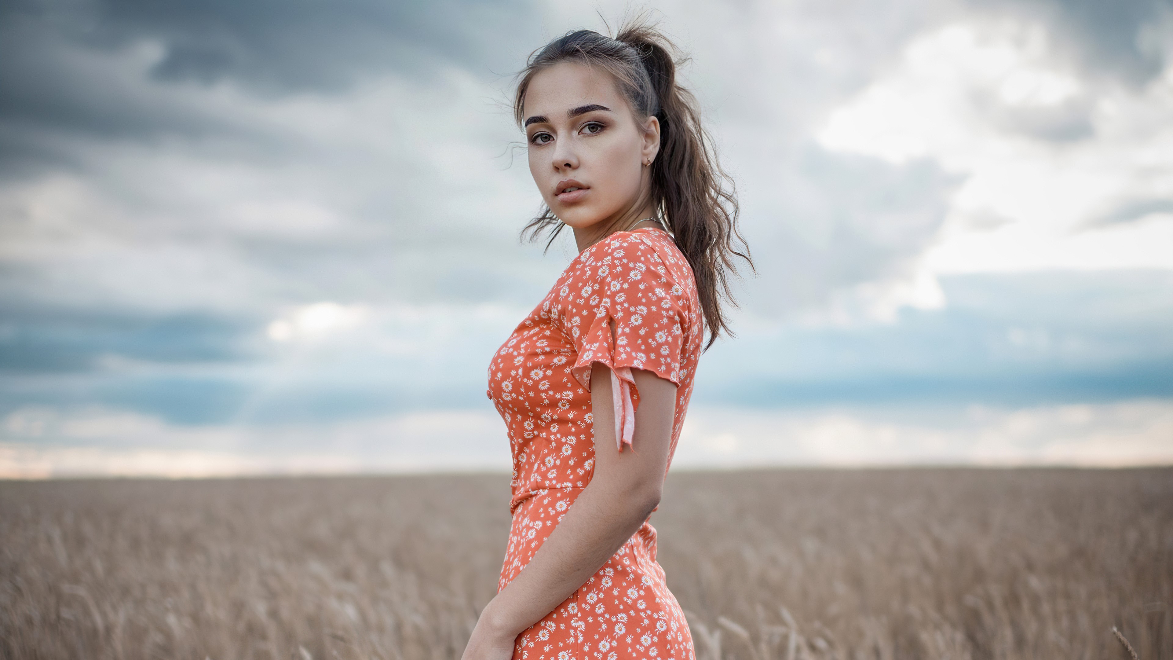 Alina Sabirova in a field HD Wallpaper
