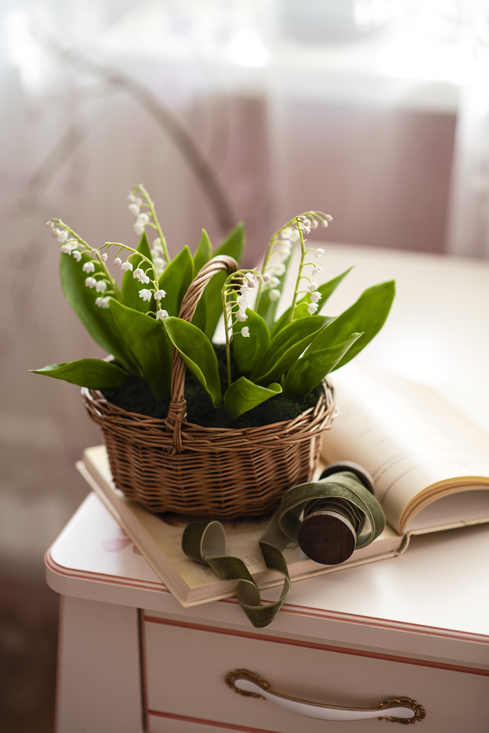 Basket of Lilies of the Valley on a Table HD Phone Wallpaper