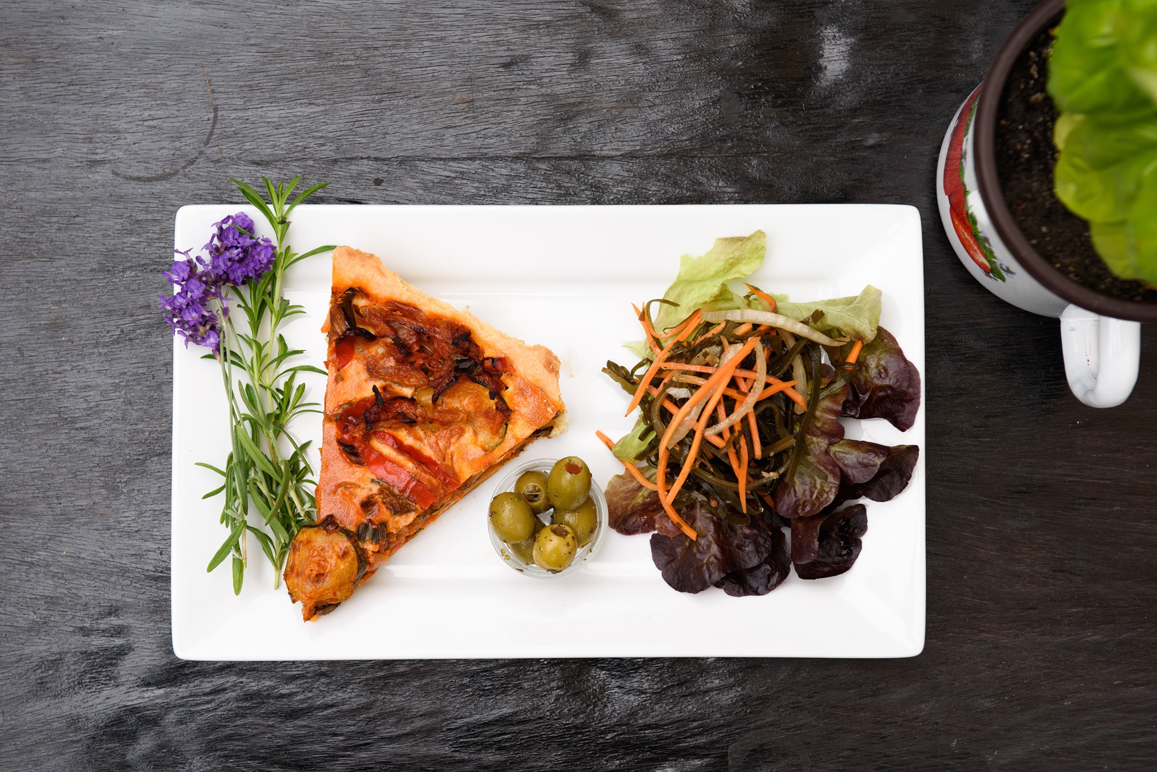 Slice of Pizza with Salad and Olives HD Wallpaper