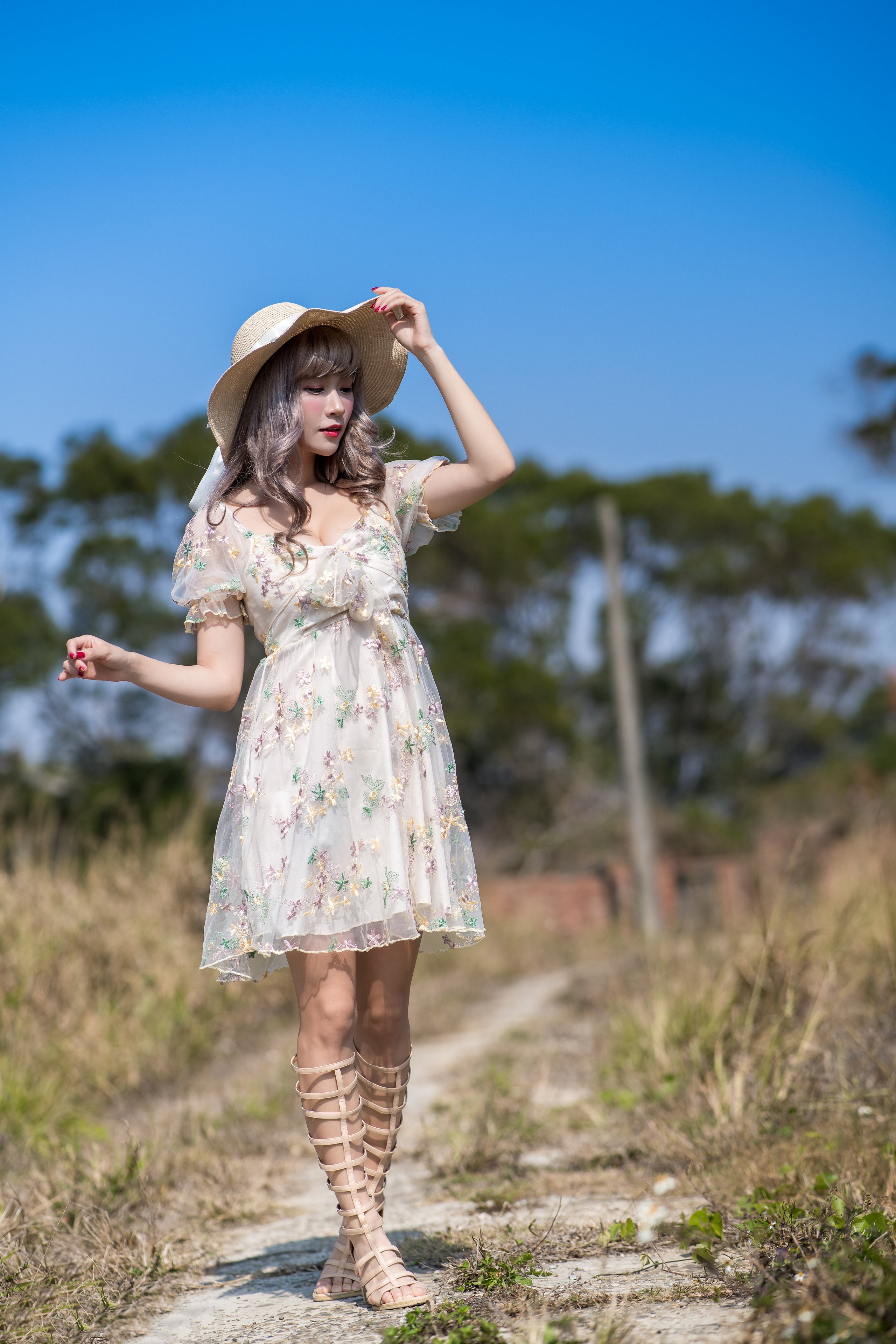 Asian woman in a floral dress and hat HD Phone Wallpaper