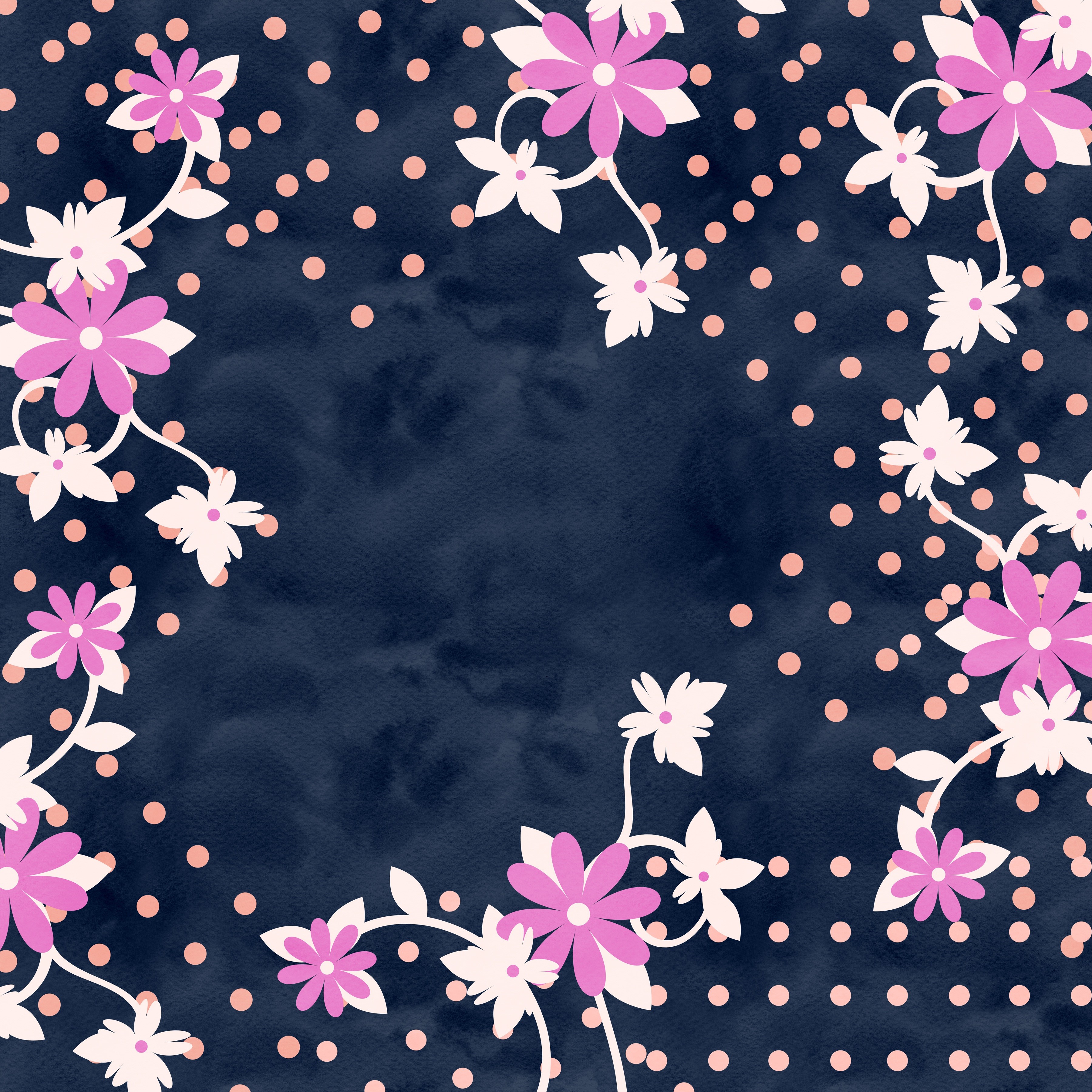 Floral pattern with polka dots on dark blue background HD Wallpaper