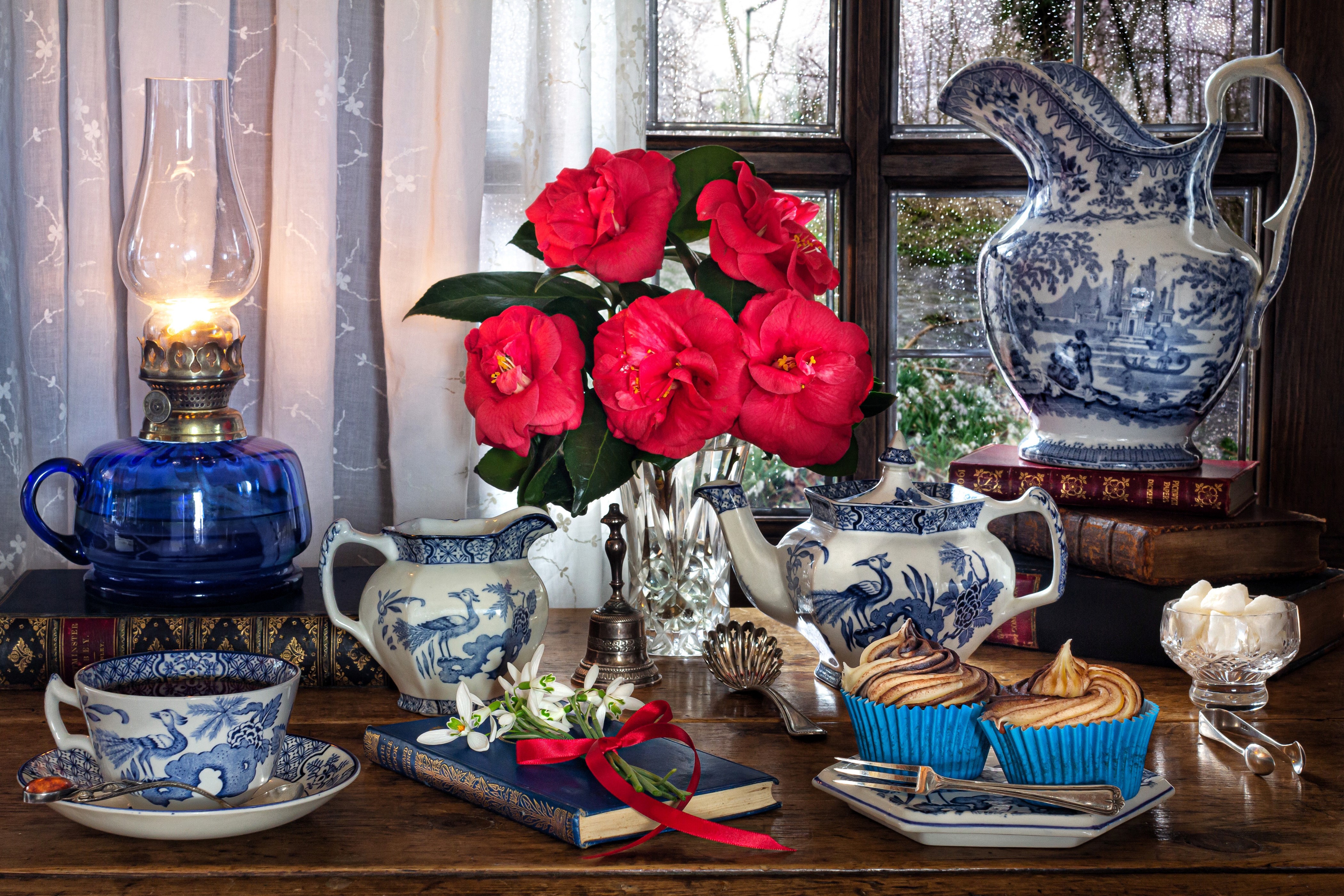 Still-life with kerosene lamp, flowers, and tea set HD Wallpaper