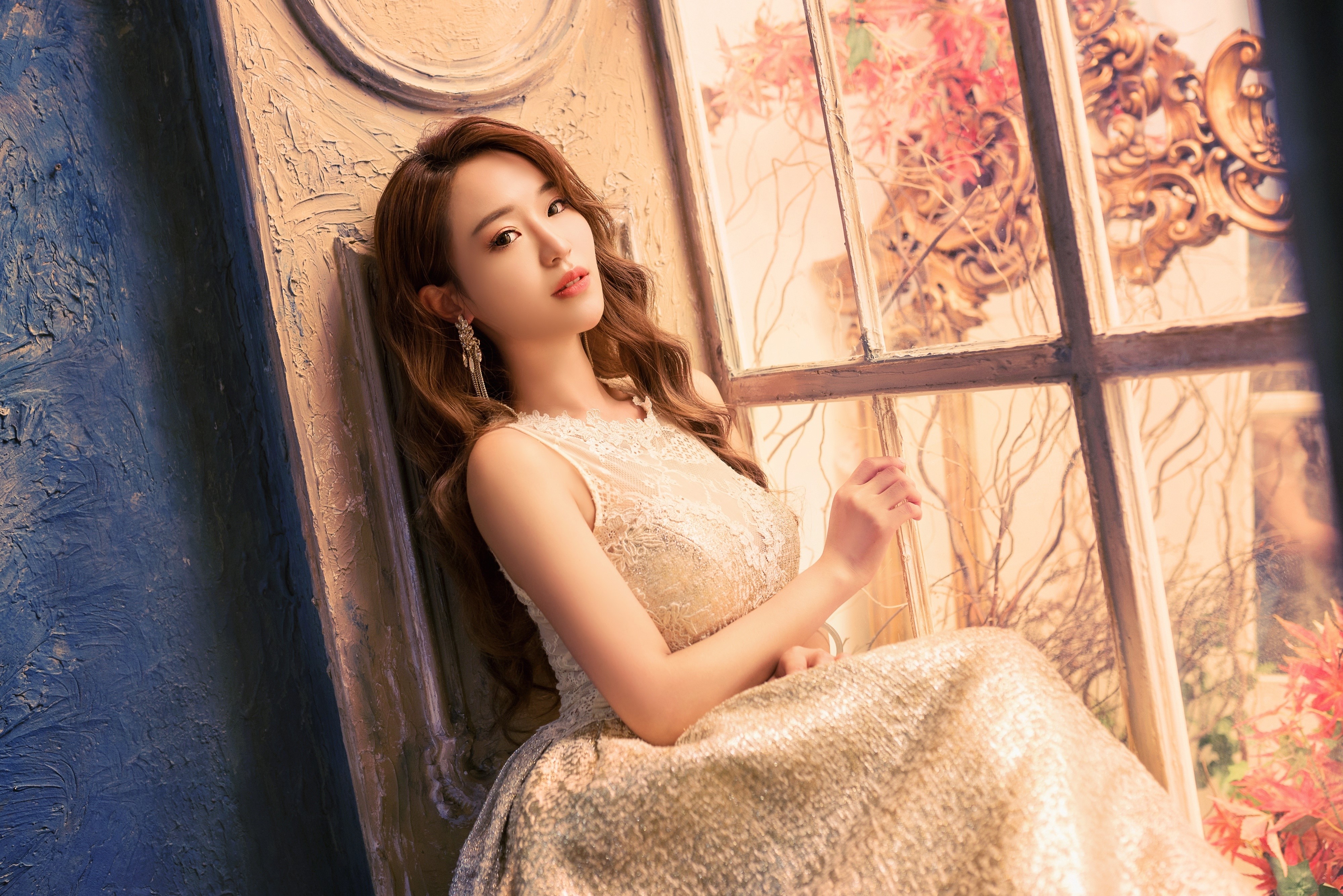Asian woman with brown hair in a dress HD Wallpaper