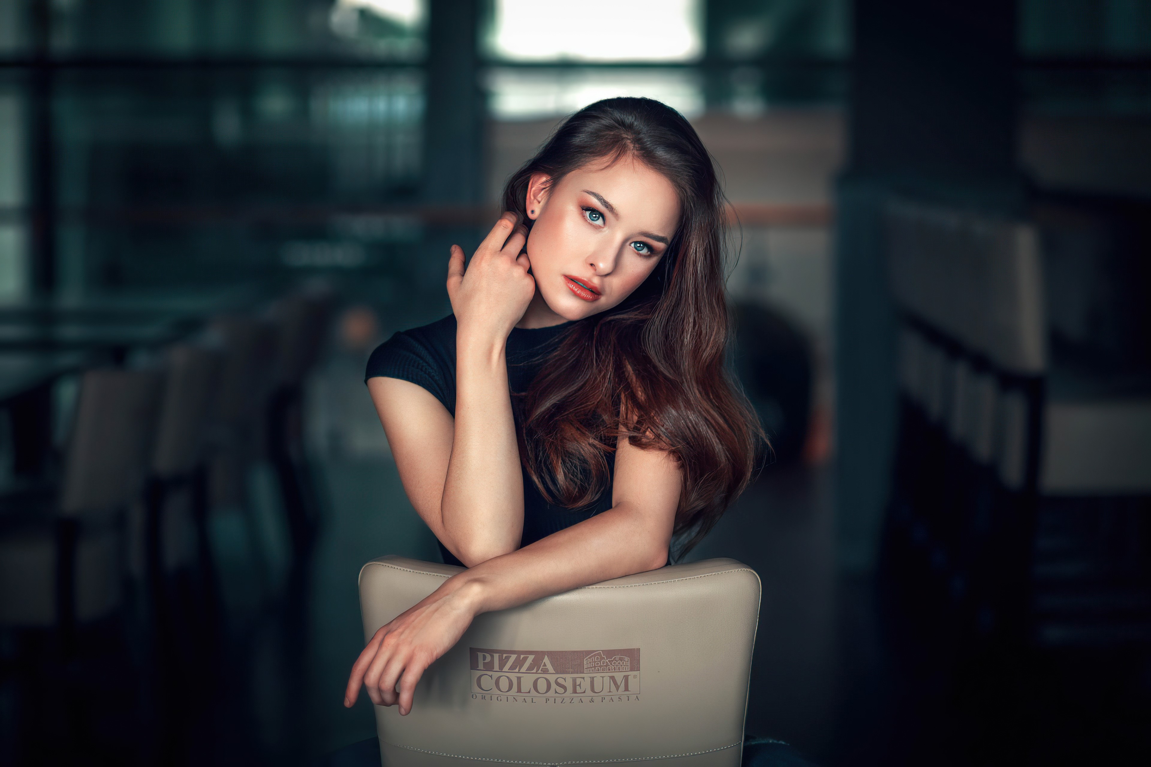 Brunette girl with hands near face HD Wallpaper