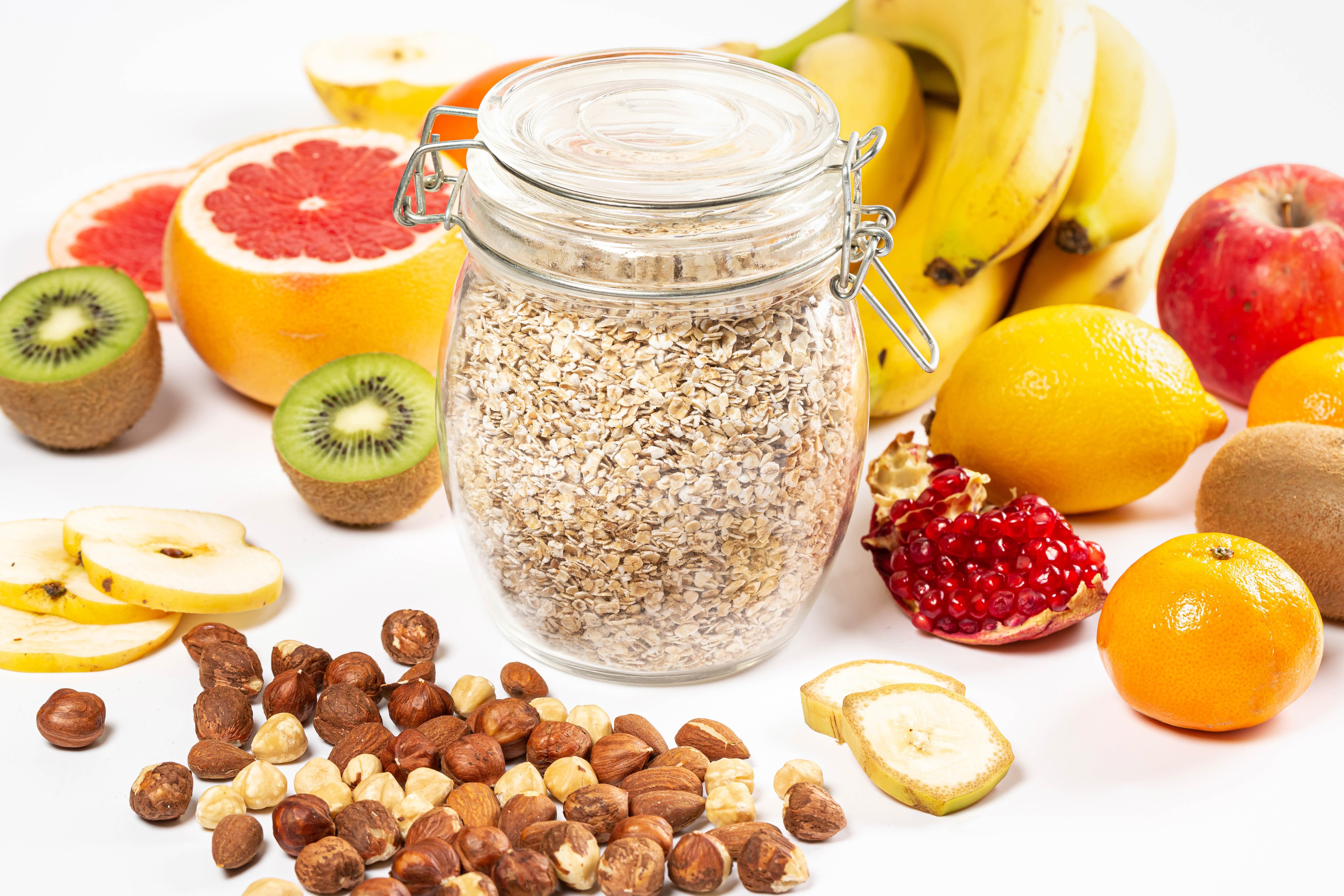 Oatmeal jar with assorted fruits and nuts HD Wallpaper