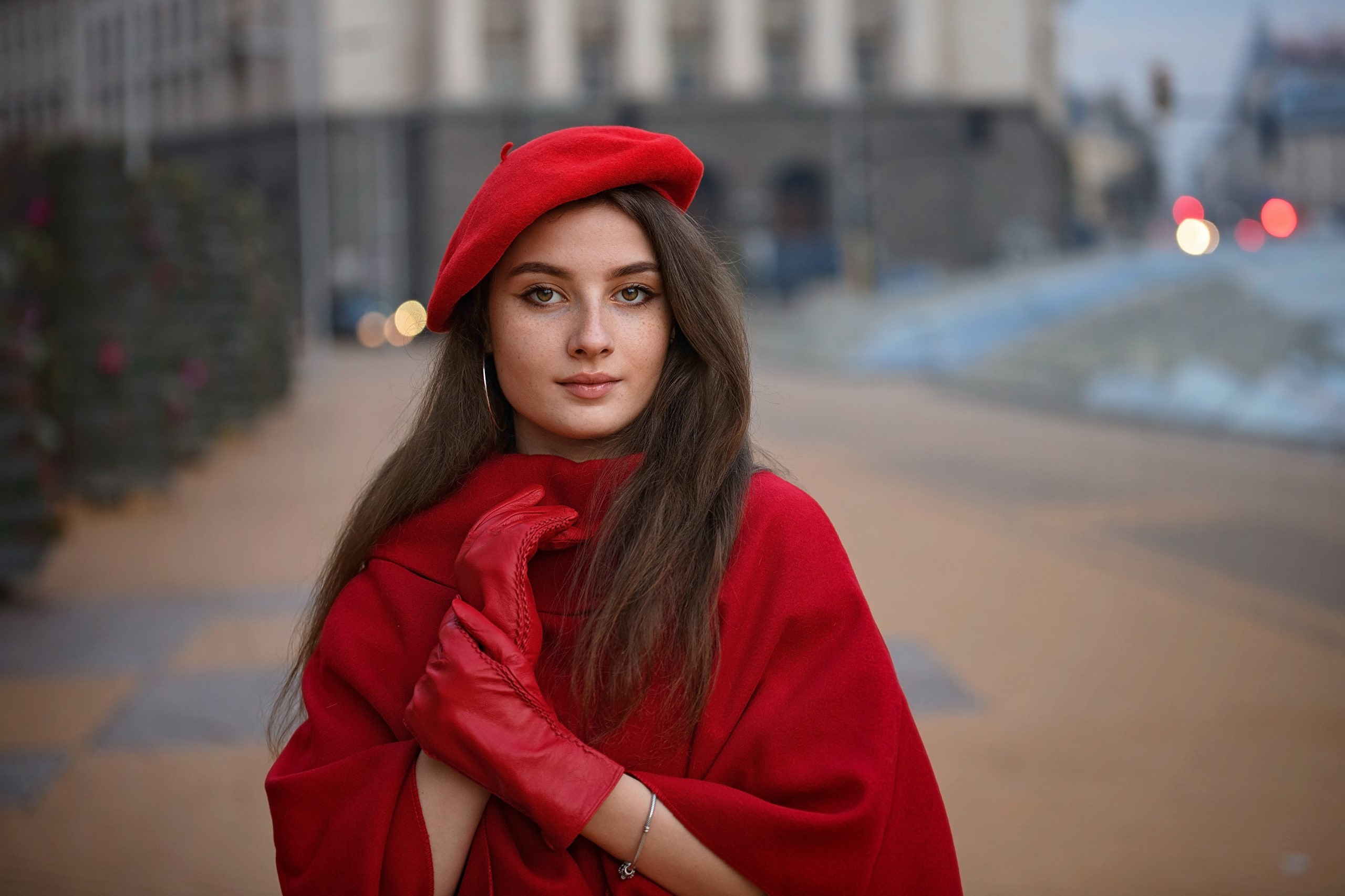 Tanya Markova wearing a red beret and gloves HD Wallpaper
