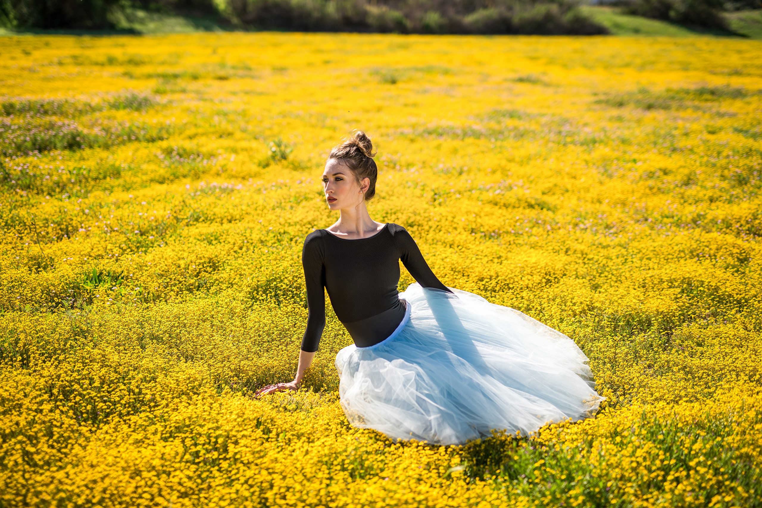 Ballerina sitting in a field of yellow flowers HD Wallpaper