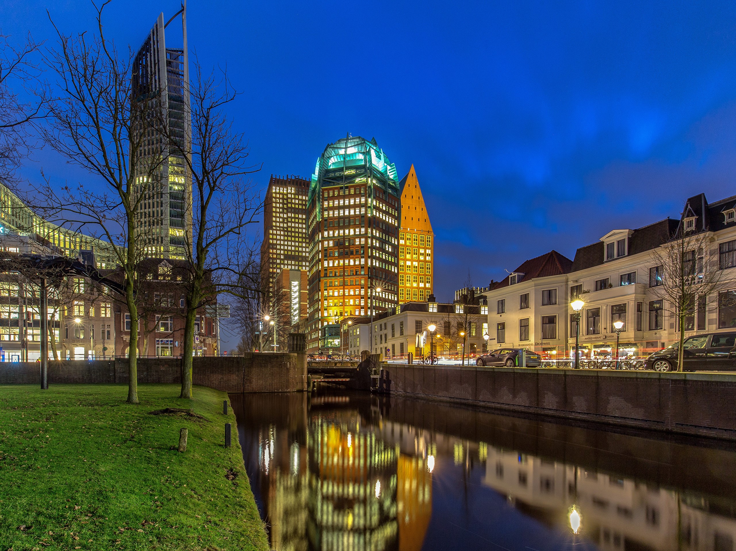 The Hague, Netherlands at Dusk with Canal Reflections HD Wallpaper