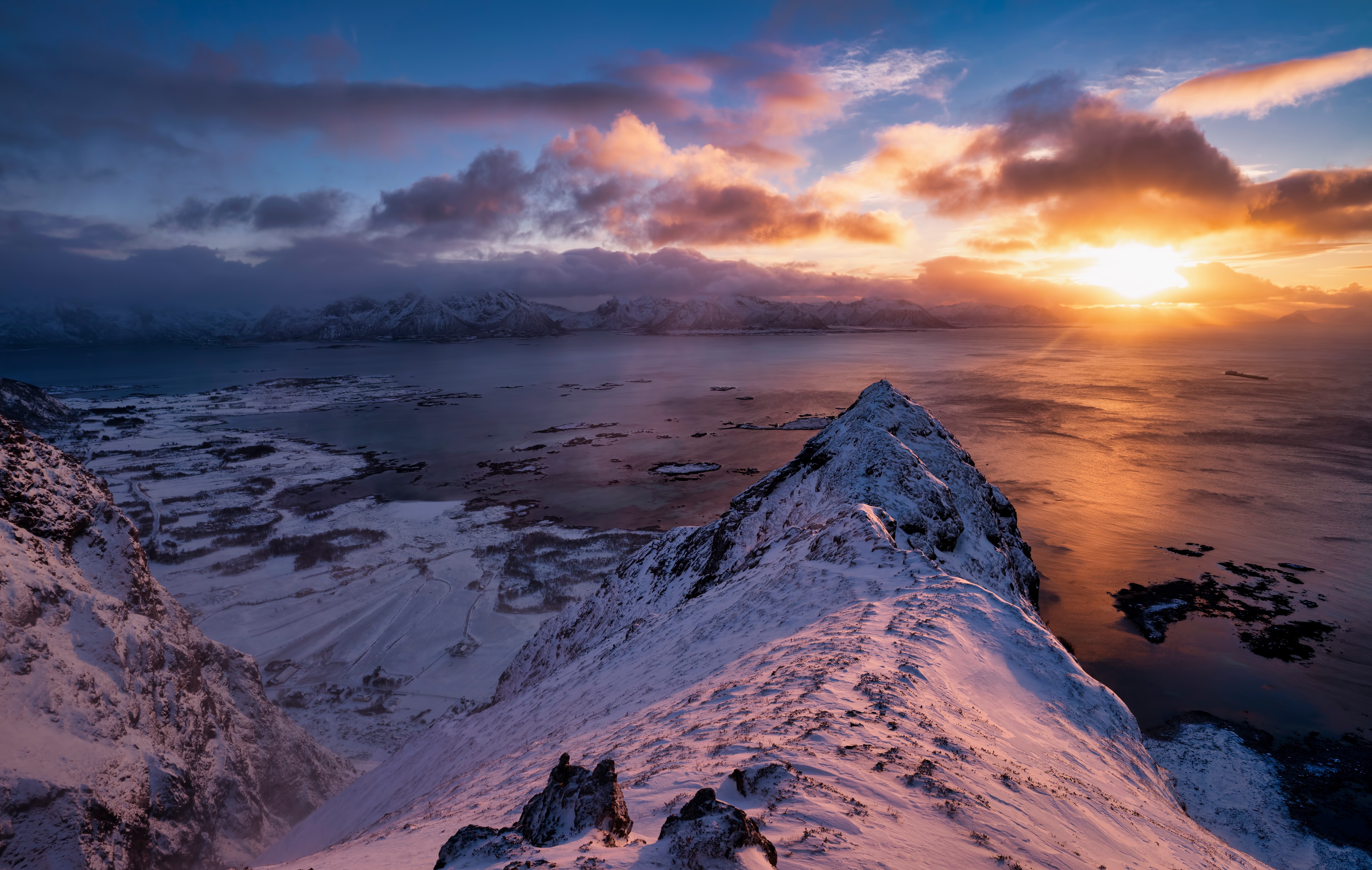 Snowy Lofoten Mountains at Sunrise, Norway HD Wallpaper