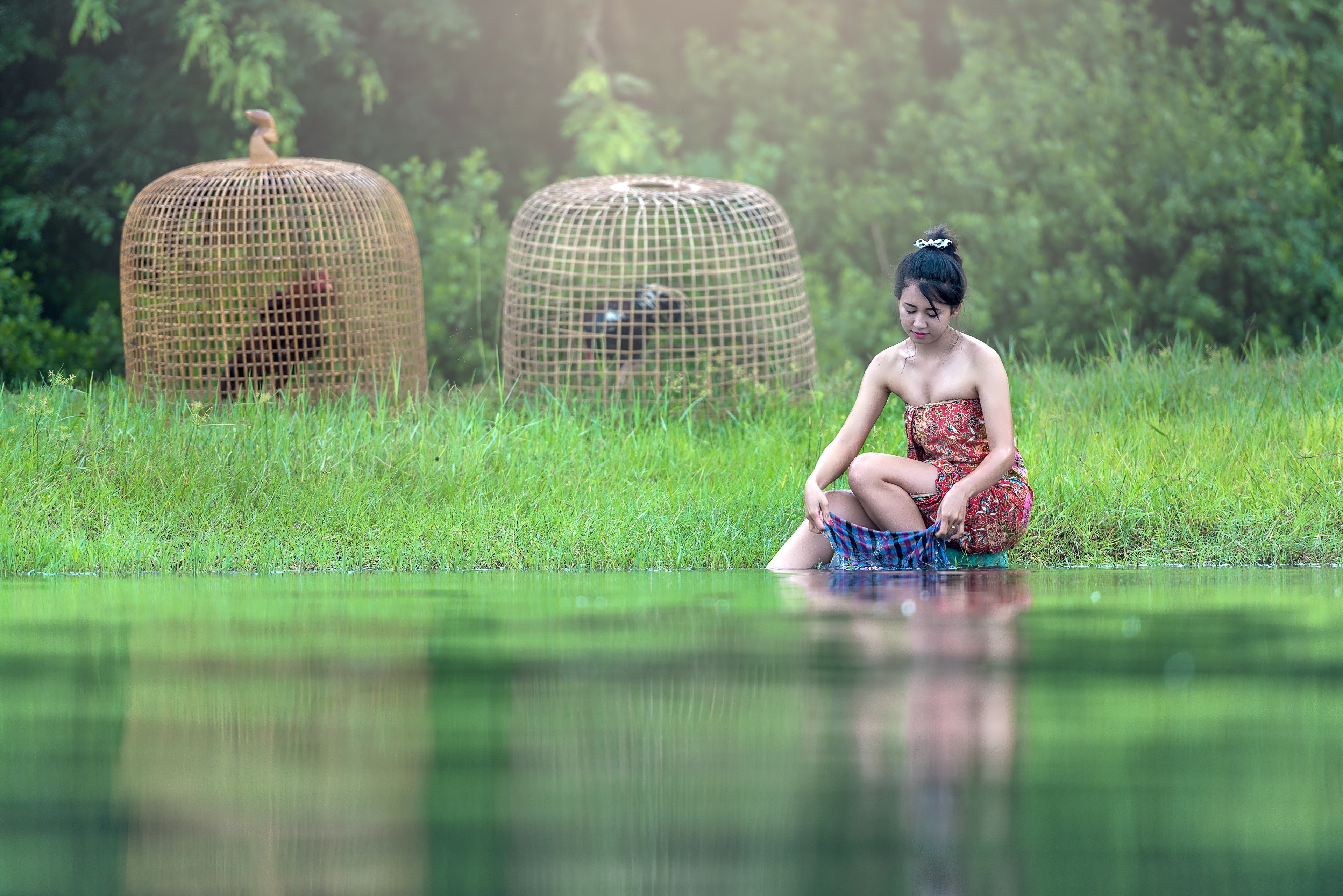 4K Asian Brunette Girl Sitting in Grass HD Wallpaper