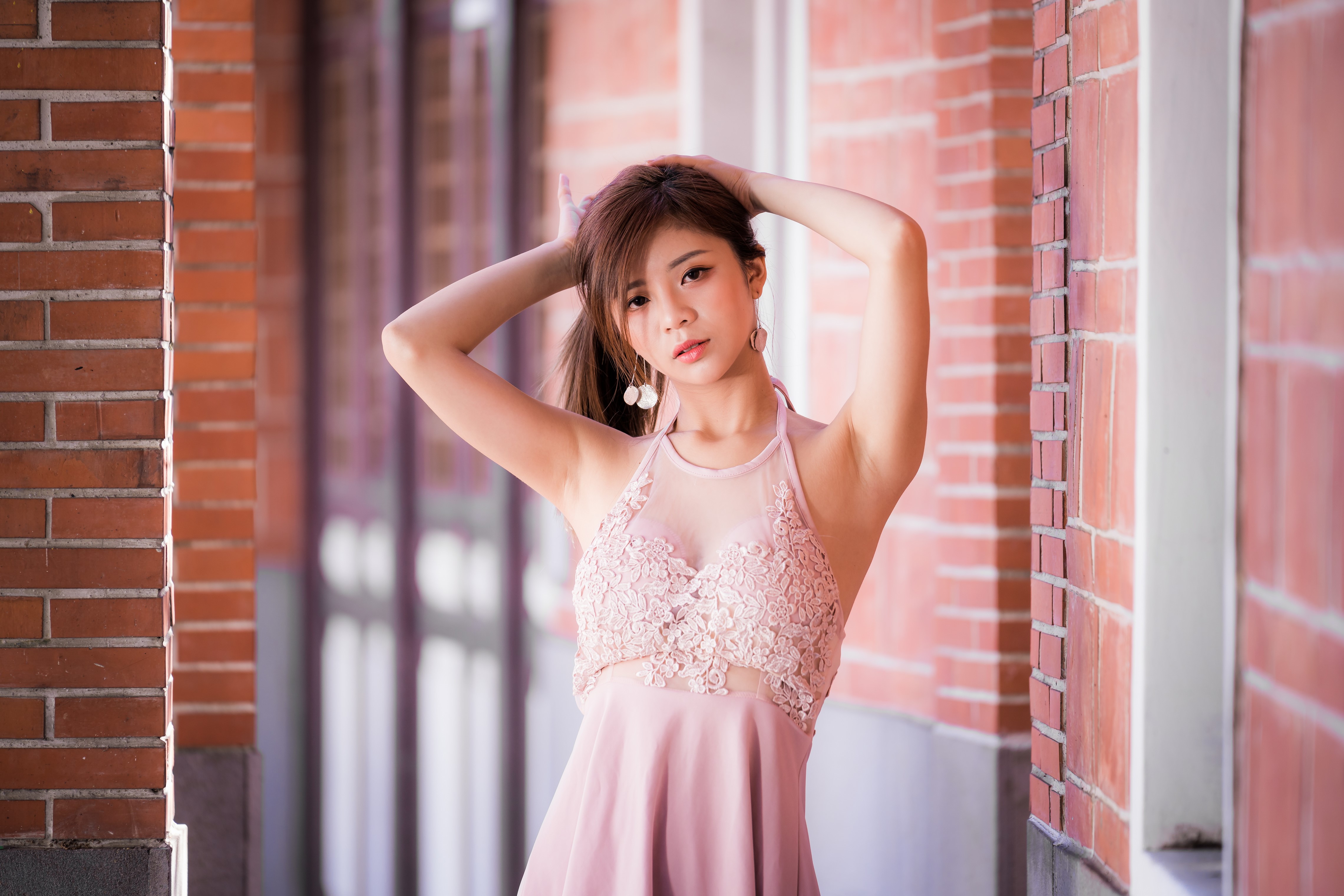 Asian woman in pink dress posing HD Wallpaper