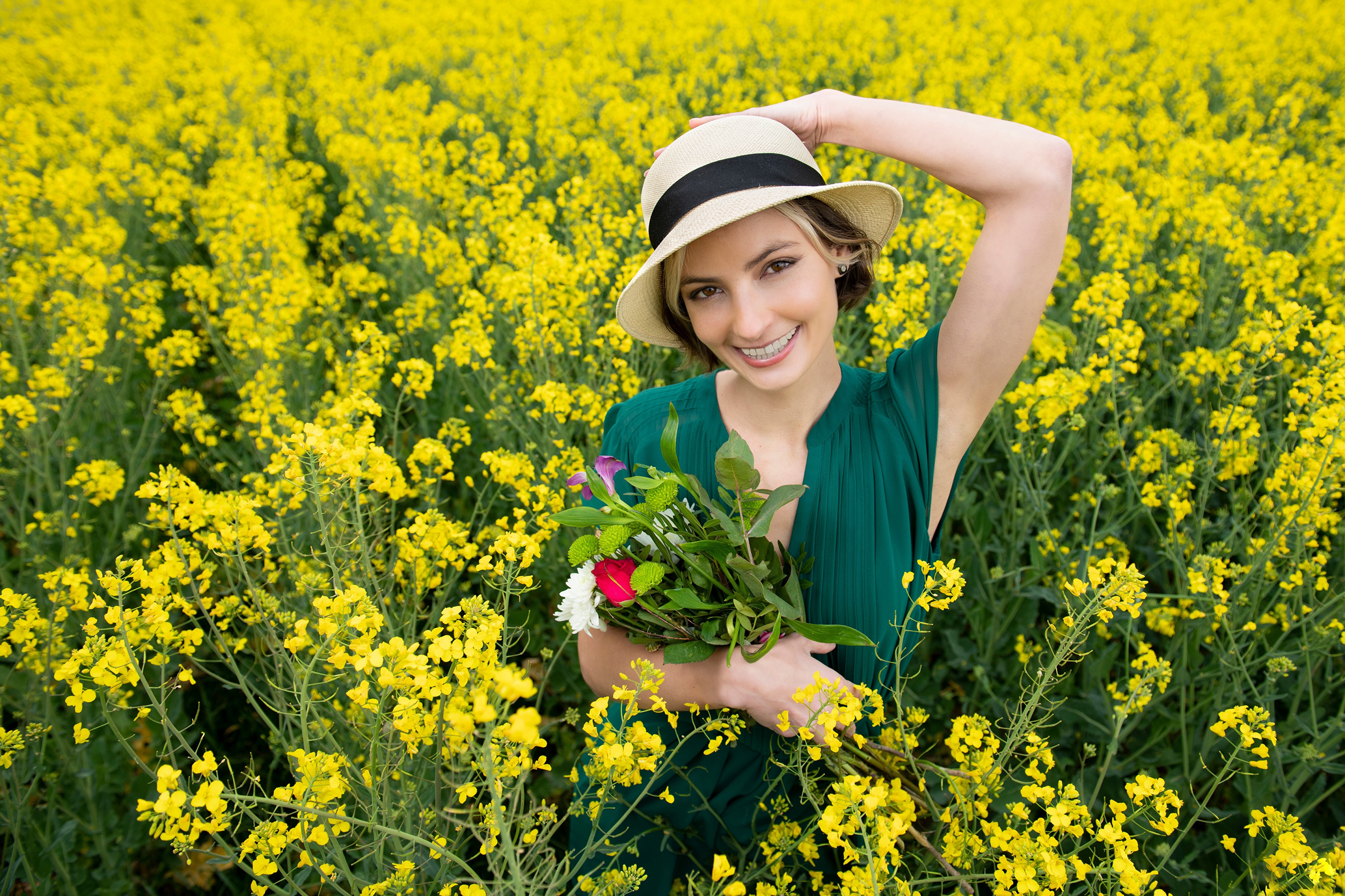 Alena in a Rapeseed Field with Flowers and Hat HD Wallpaper