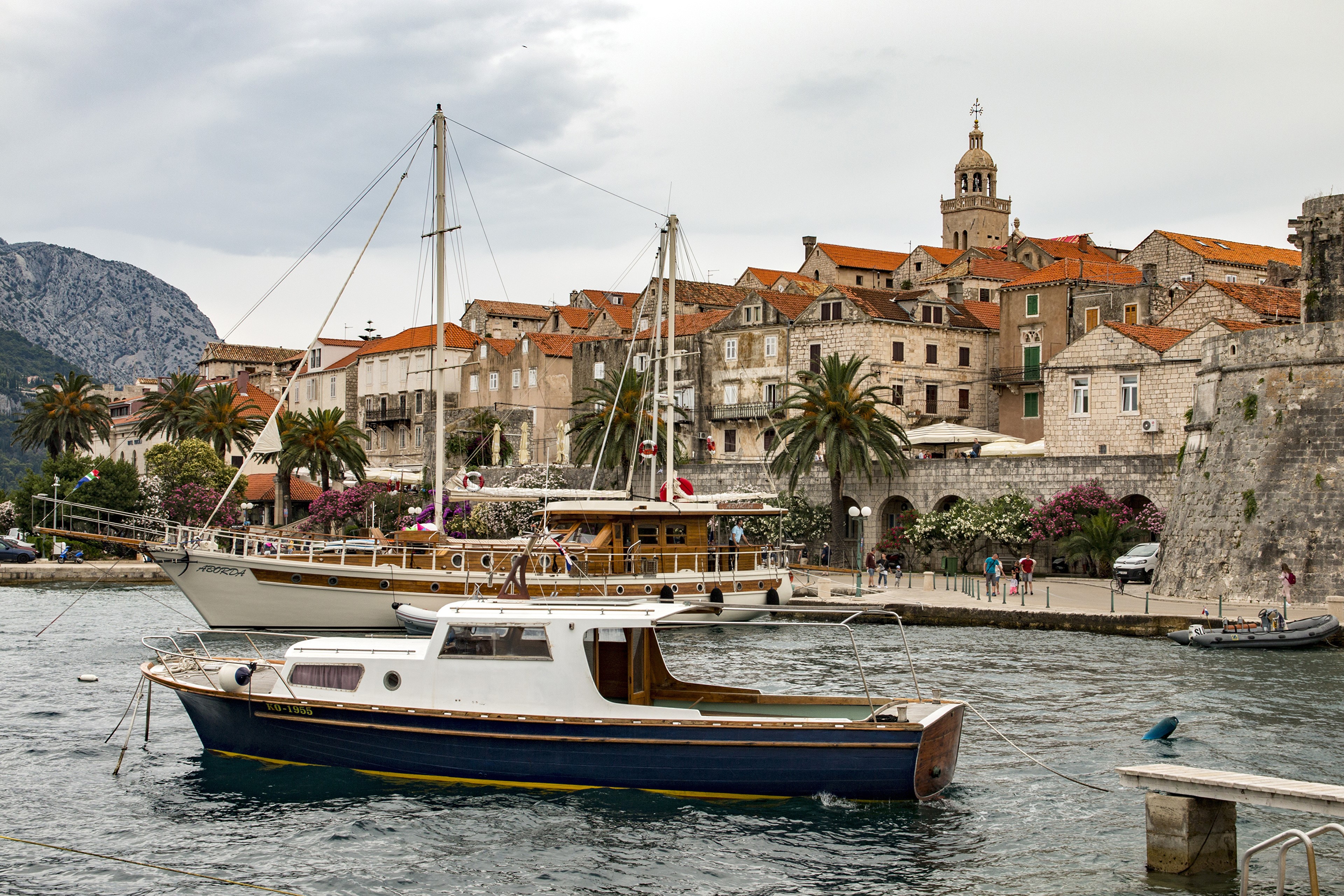 Boats in a Croatian Bay with Old Town HD Wallpaper