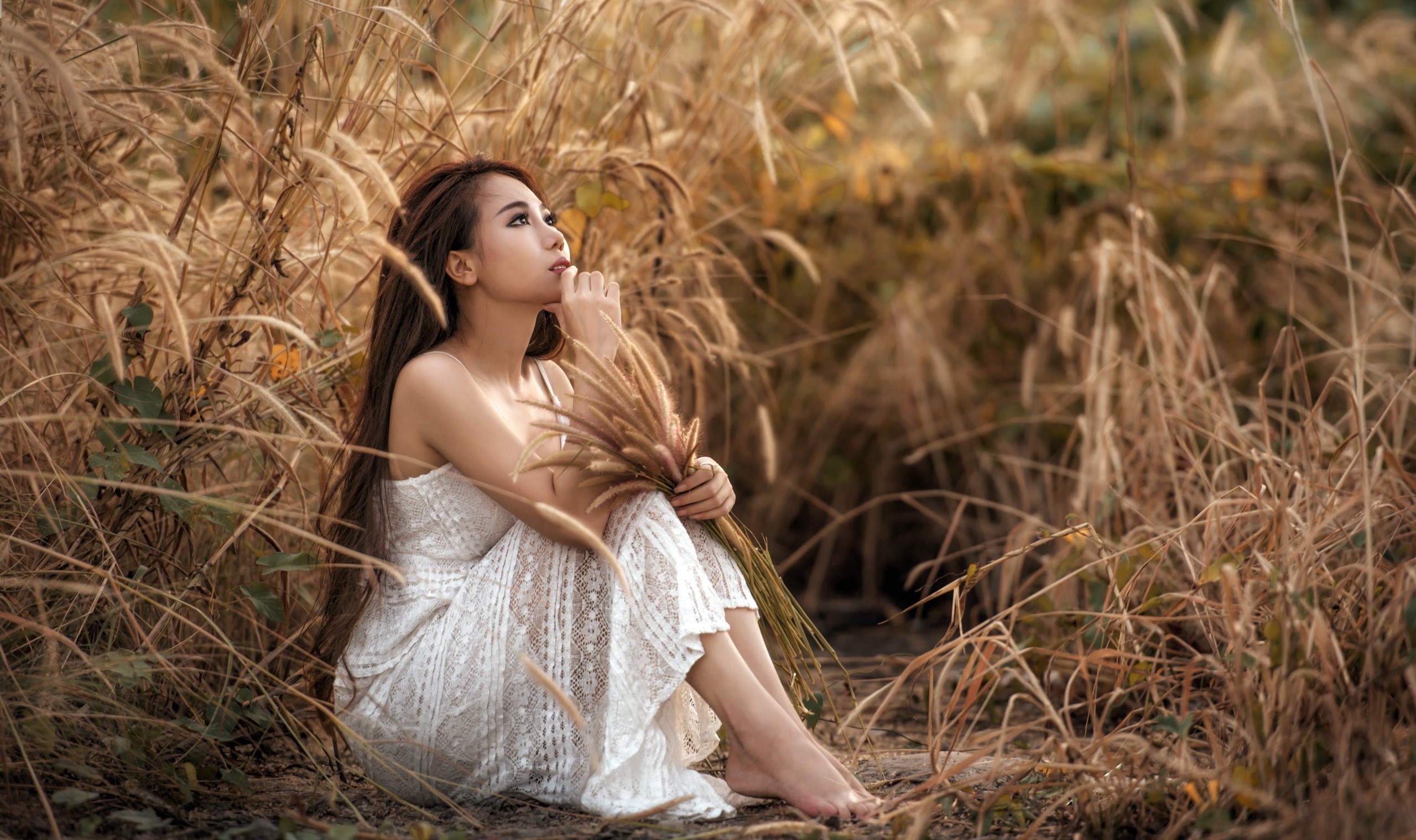 Asian woman in white dress sitting in tall grass HD Wallpaper