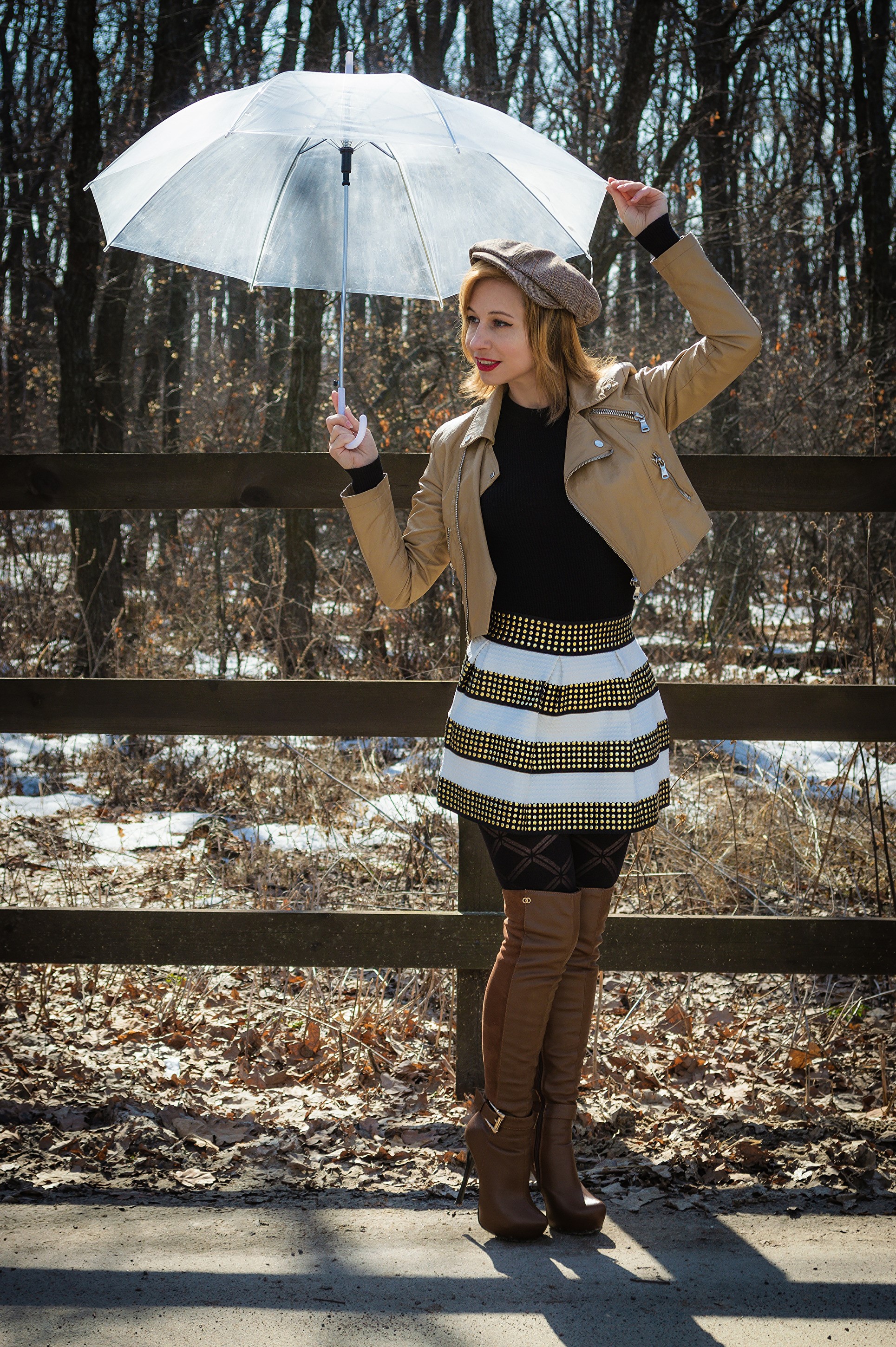 Woman in jacket and skirt holding umbrella HD Phone Wallpaper