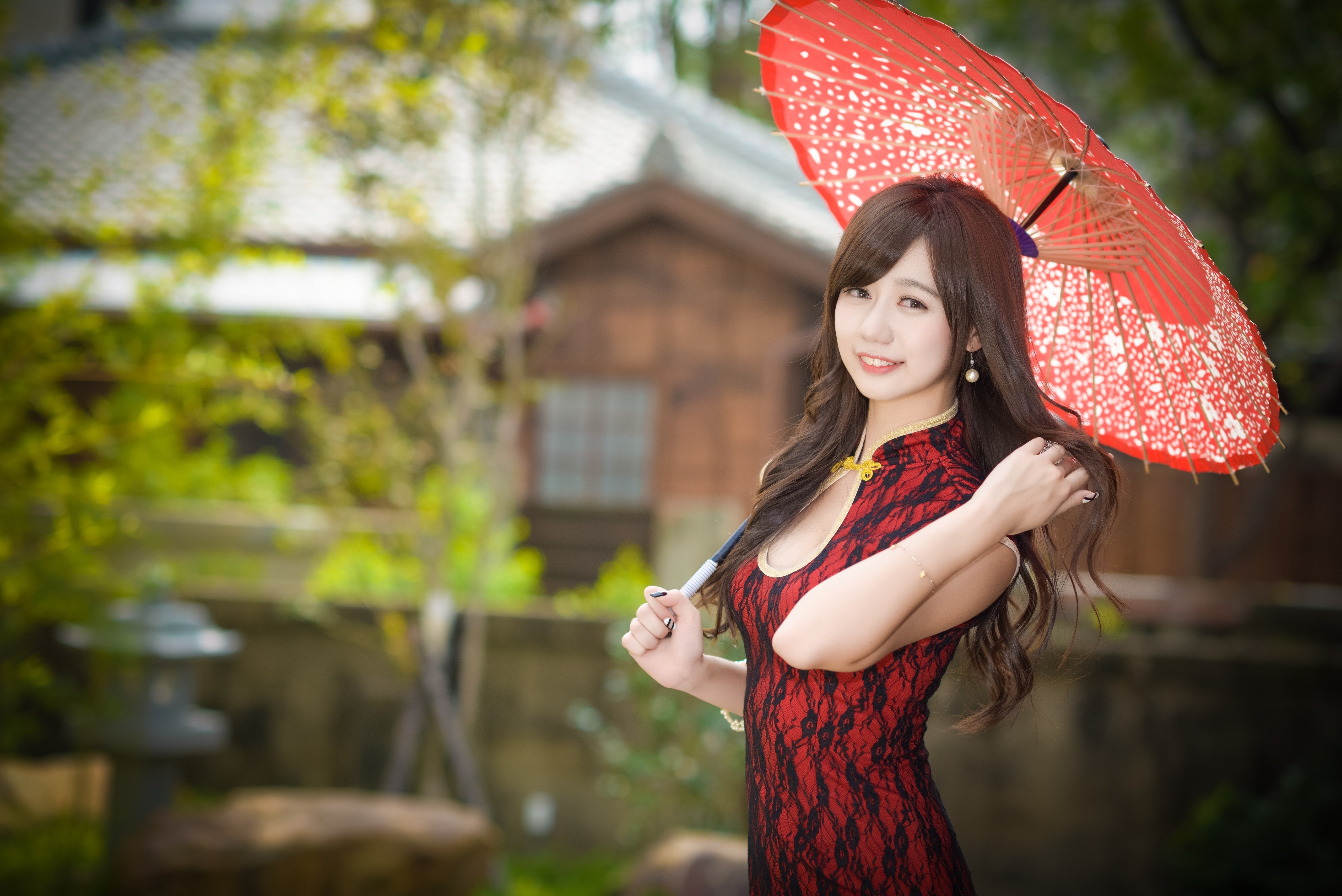 Asian woman in red dress holding umbrella HD Wallpaper