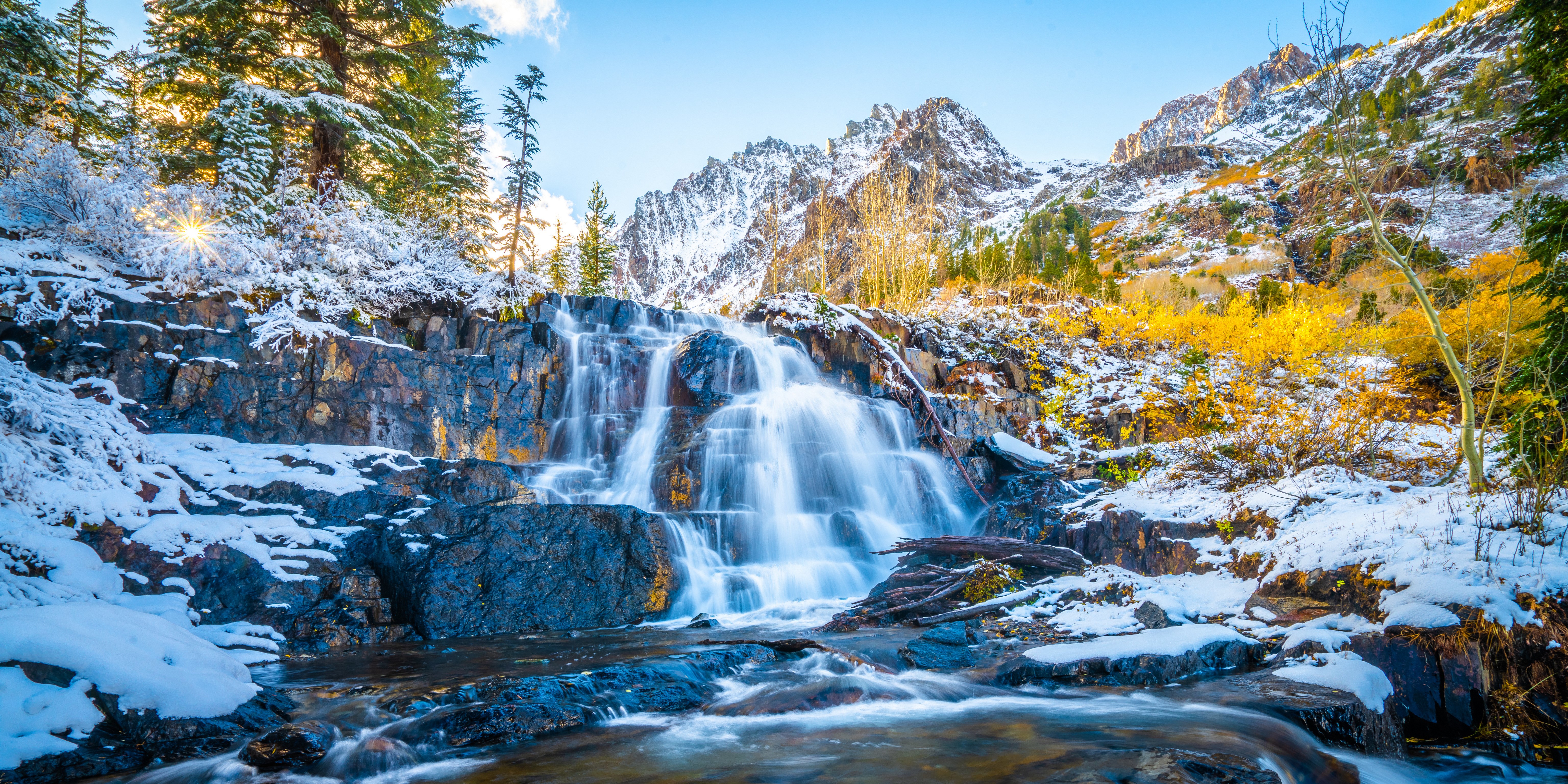 Waterfall in Lundy Canyon, California Mountains with Snow and Autumn Trees HD Wallpaper