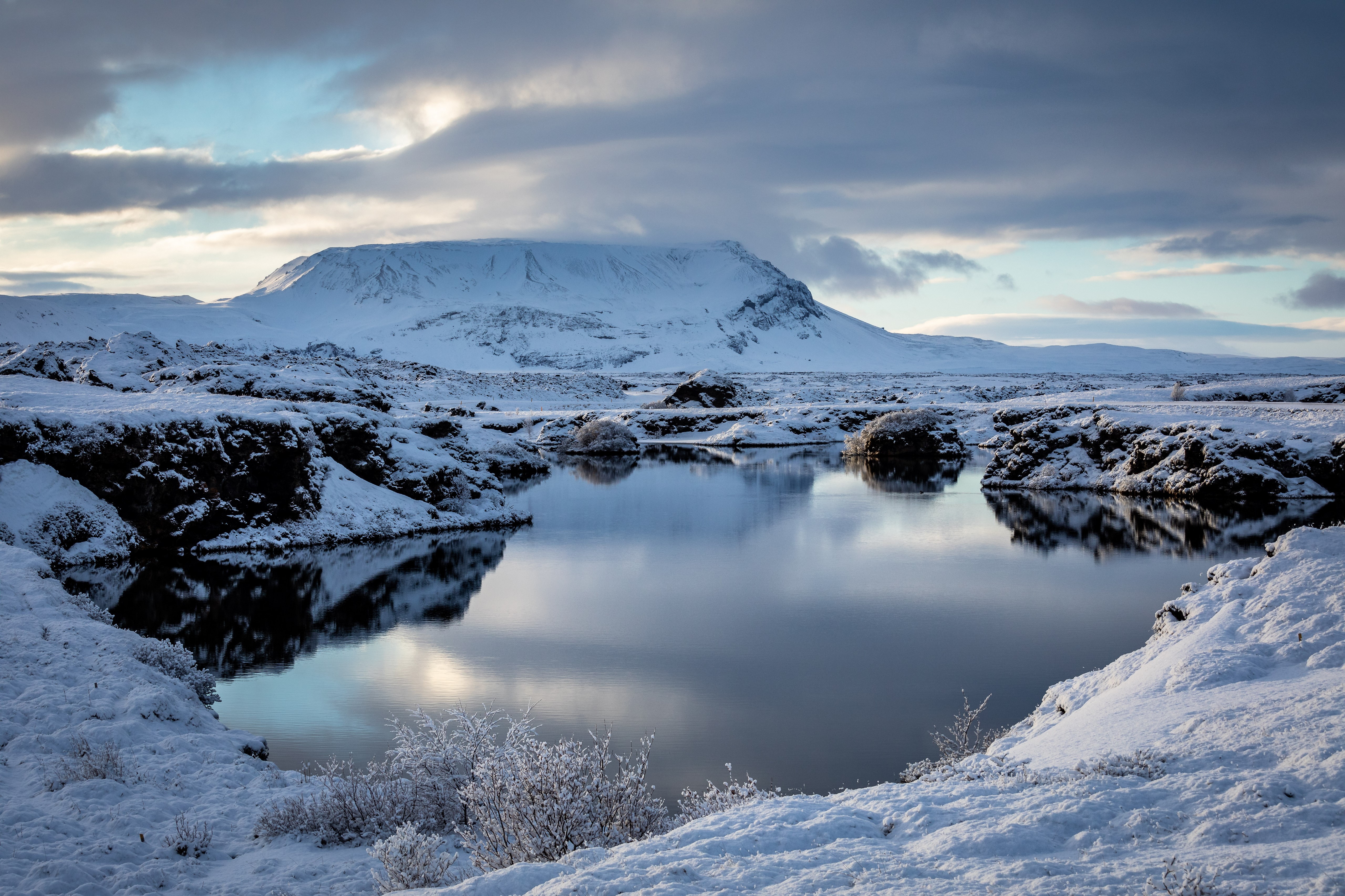 Lake Myvatn Iceland Mountains and Clouds HD Wallpaper
