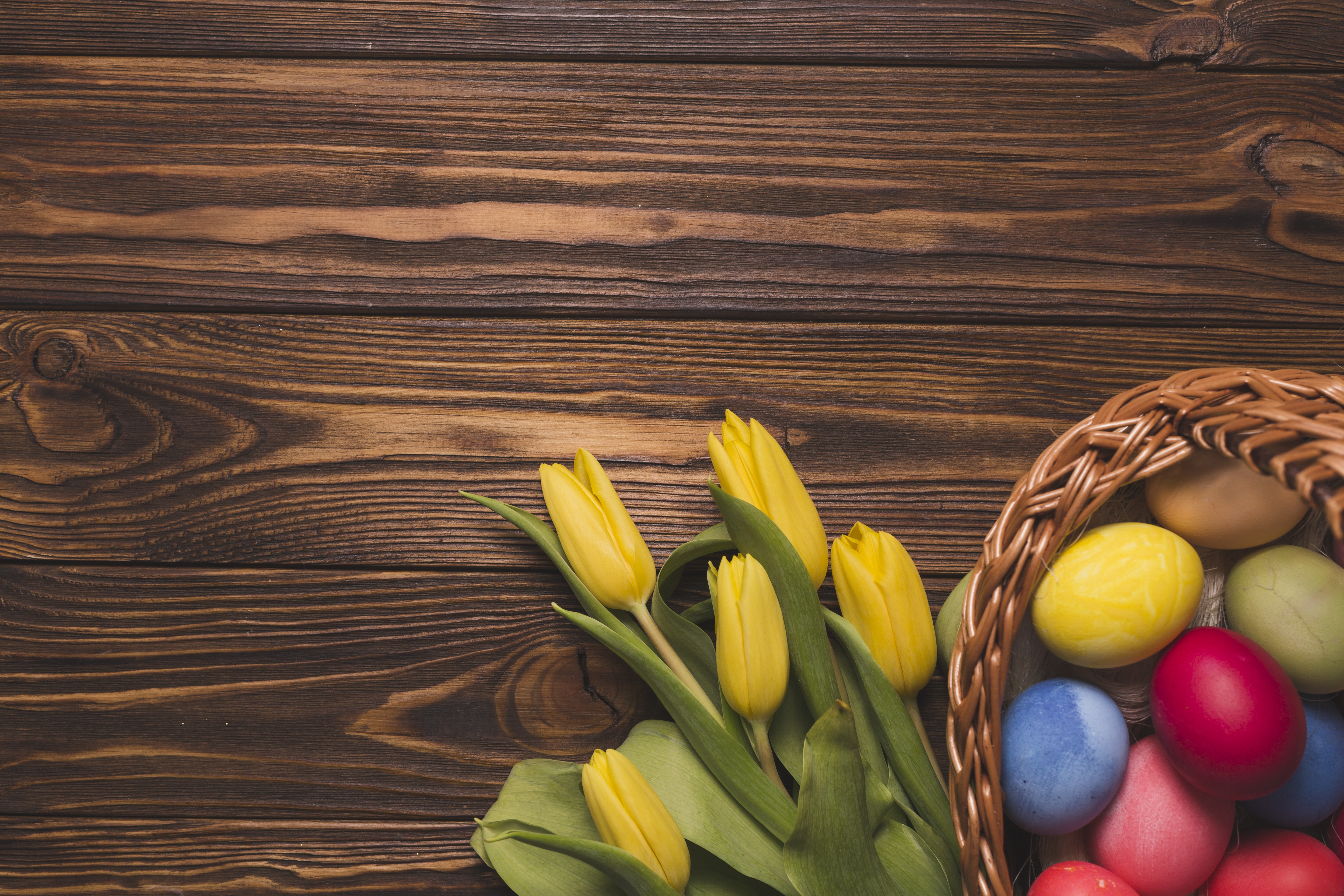 Easter Tulips and Eggs in a Basket on Wood HD Wallpaper