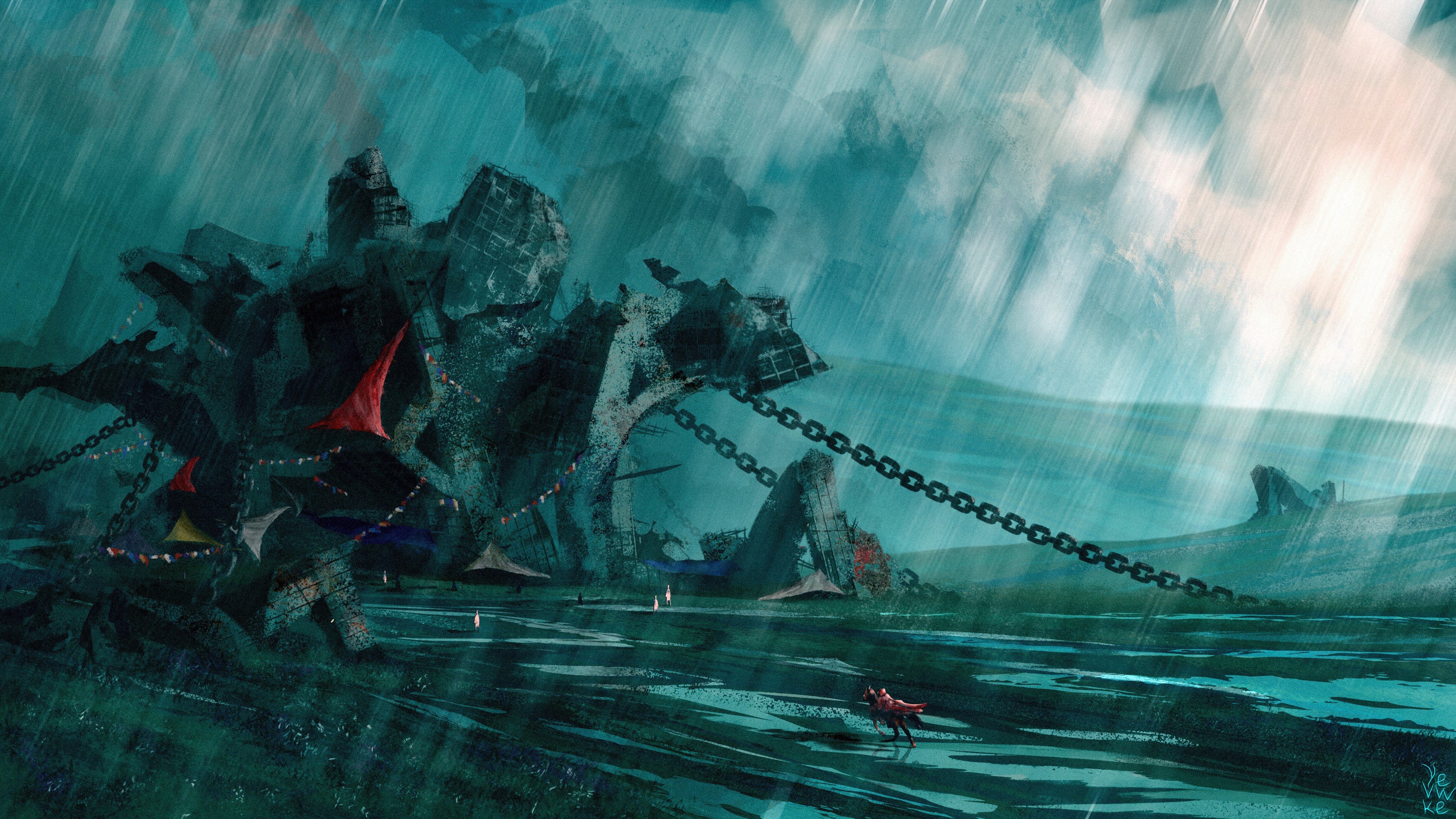 Fantasy architecture concept art in rain HD Wallpaper