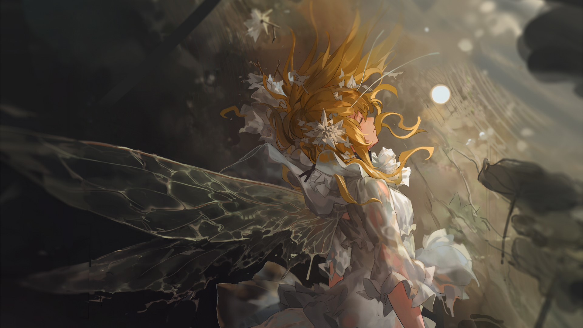 Anime girl with blonde hair and fairy wings HD Wallpaper