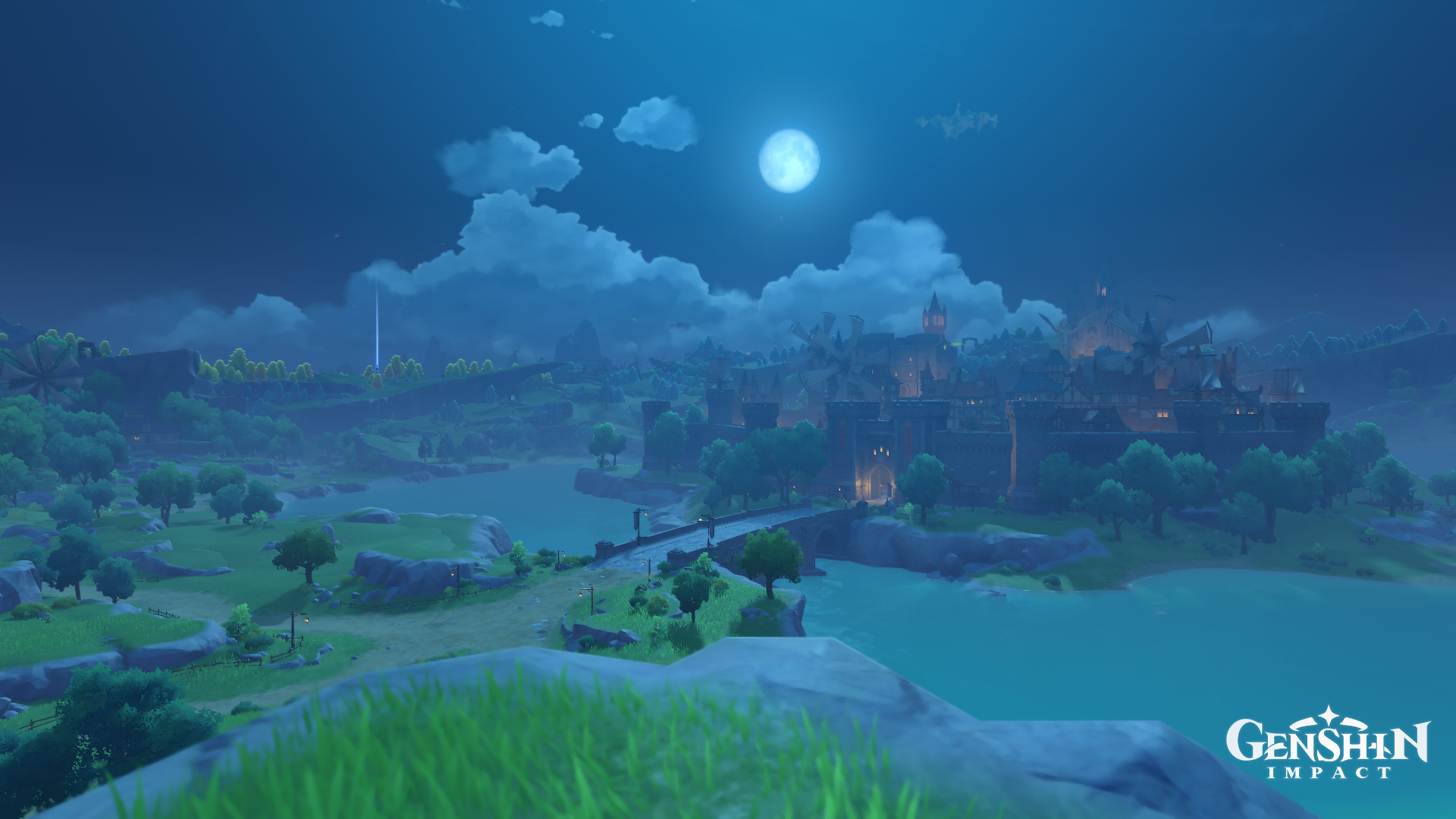 Genshin Impact landscape at night with a full moon HD Wallpaper