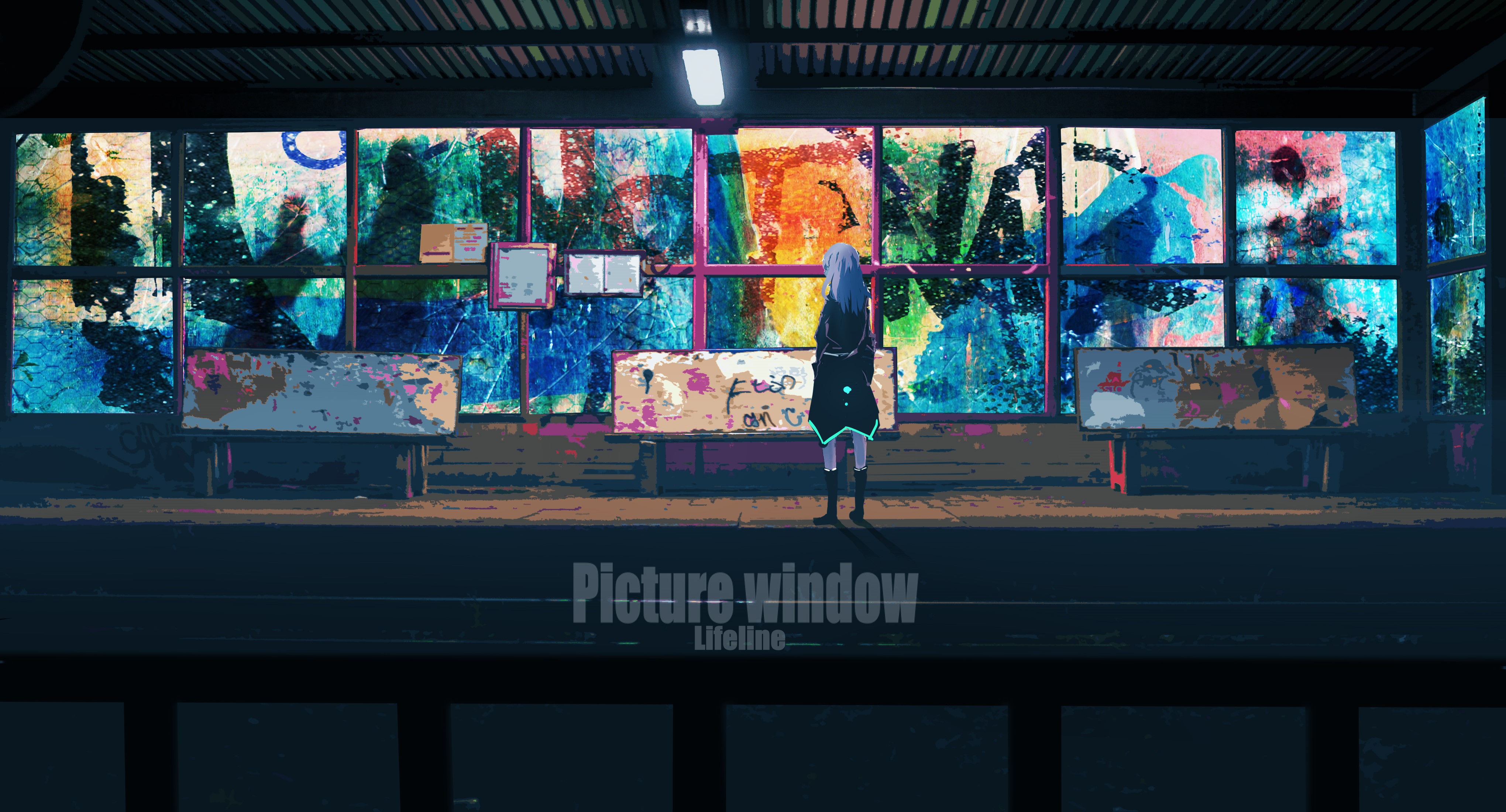 Anime girl with blue hair at a train station with graffiti art HD Wallpaper