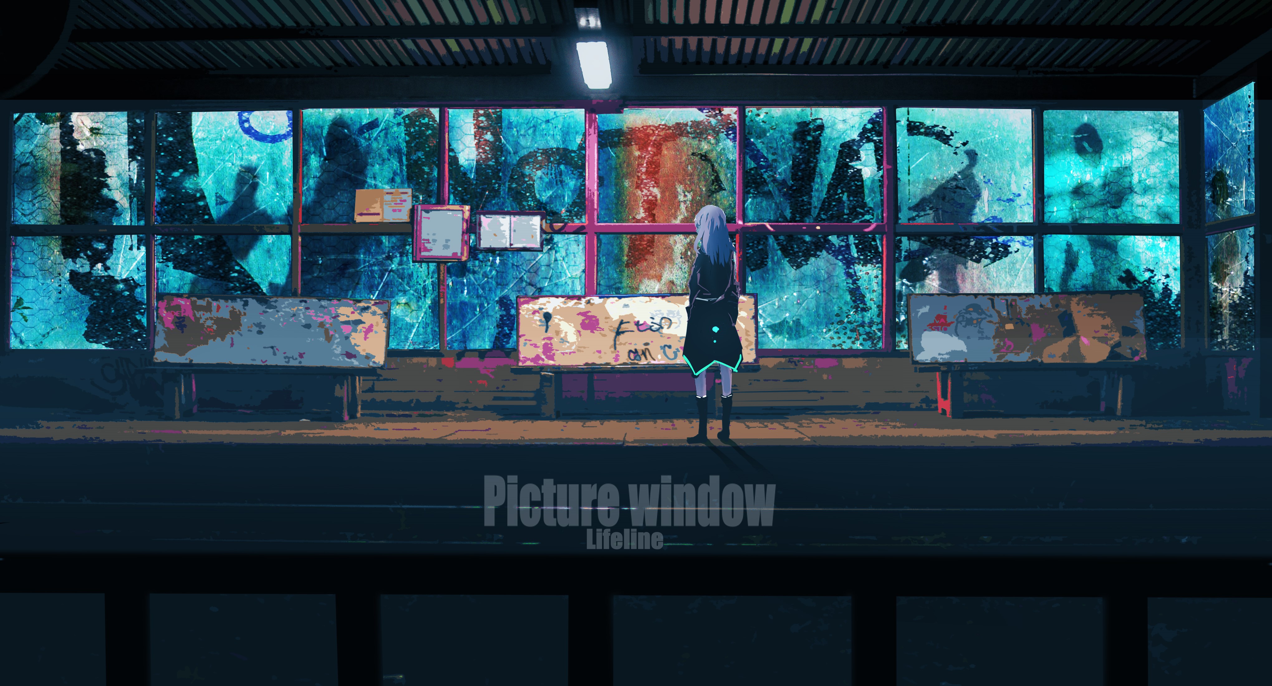 Anime girl with blue hair at a graffiti-covered train station HD Wallpaper