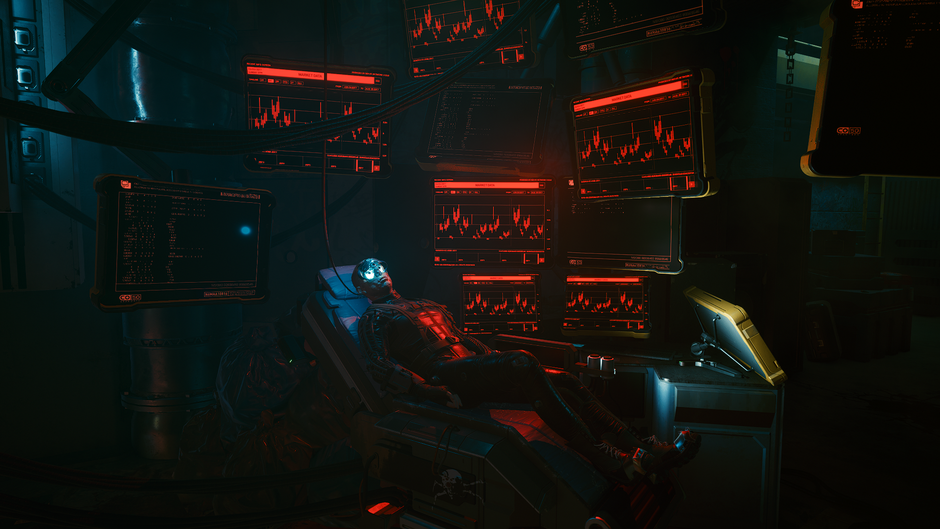 Cyberpunk 2077: Man in Chair Connected to Monitors HD Wallpaper