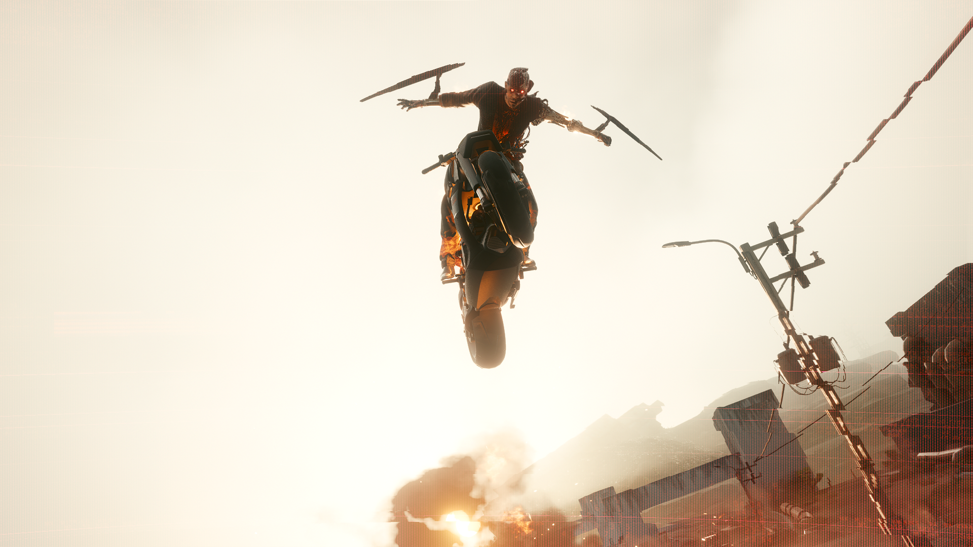 Cyberpunk 2077 character on a motorcycle mid-air HD Wallpaper