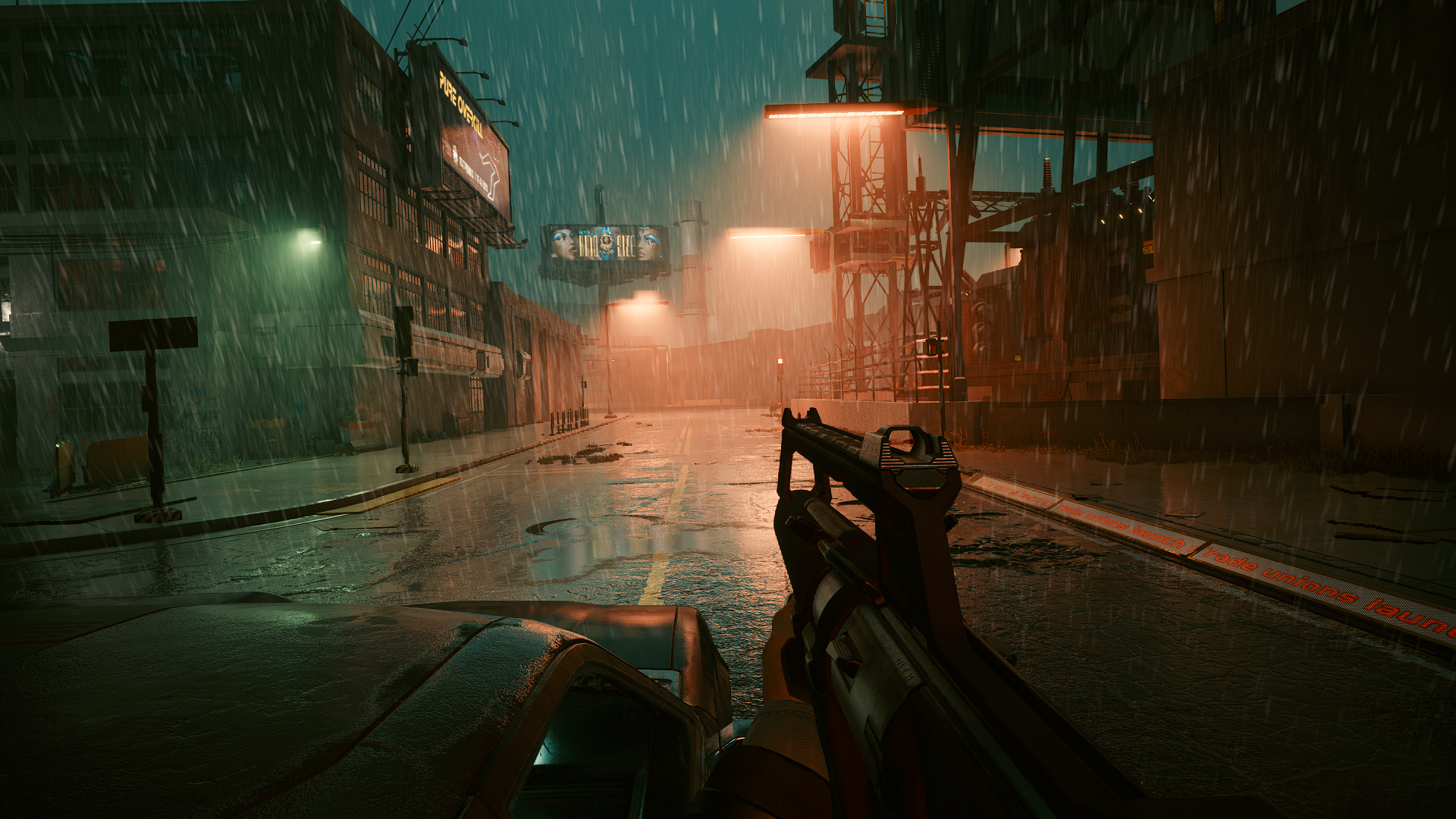 Cyberpunk 2077 rainy street with gun HD Wallpaper