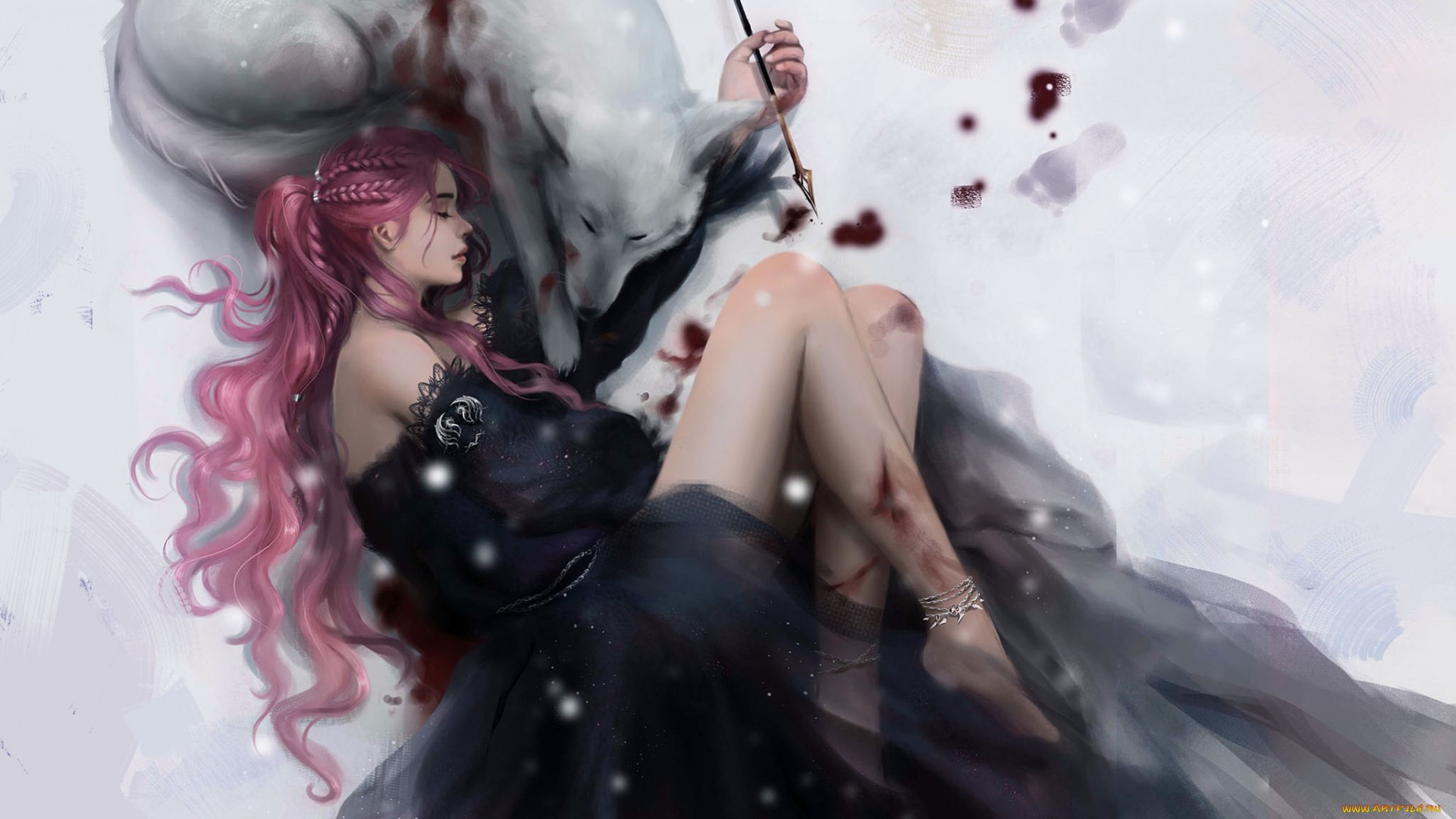 Woman with pink hair and wolf in snow with blood HD Wallpaper