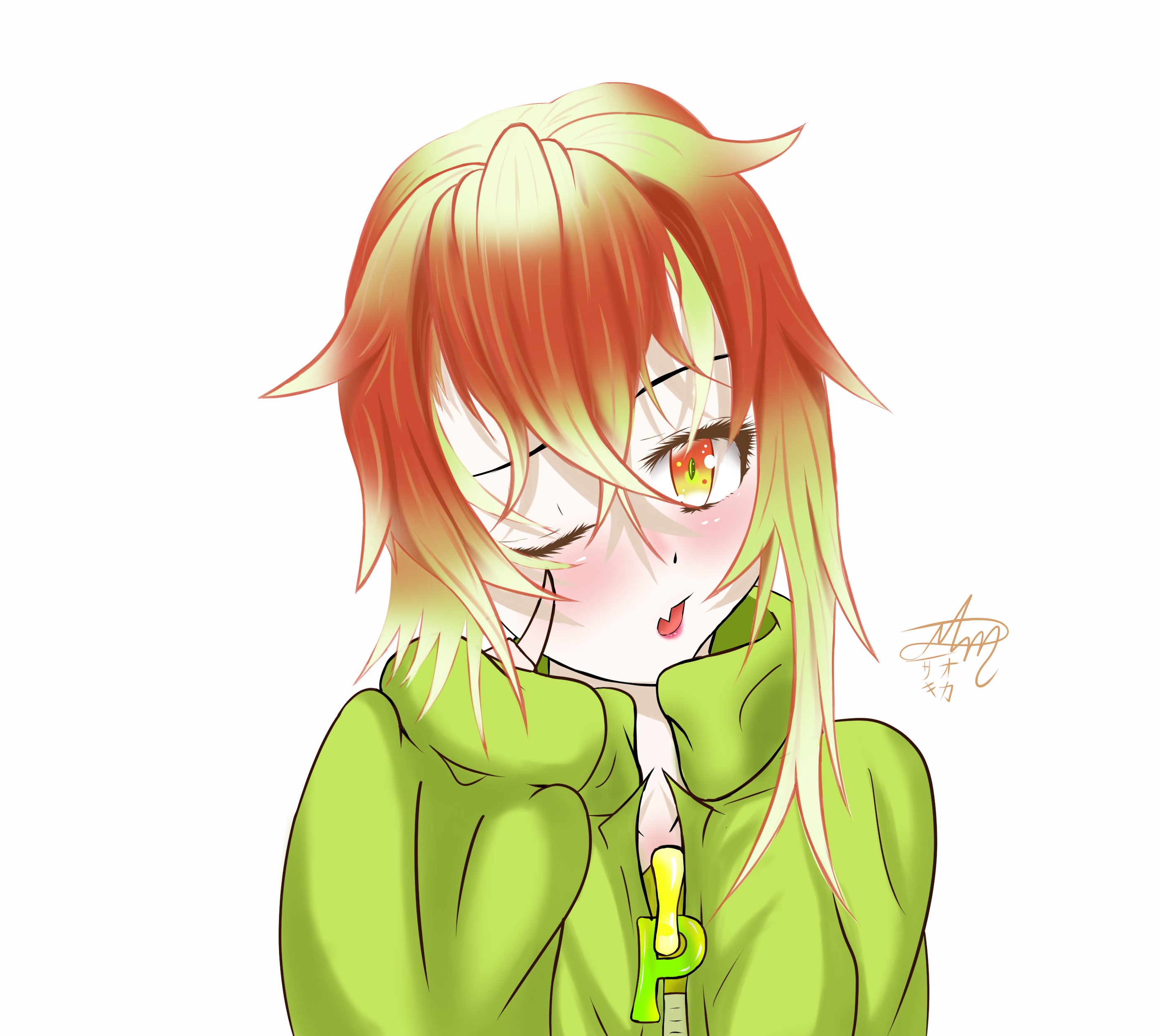 Anime girl with orange and green hair winking HD Wallpaper