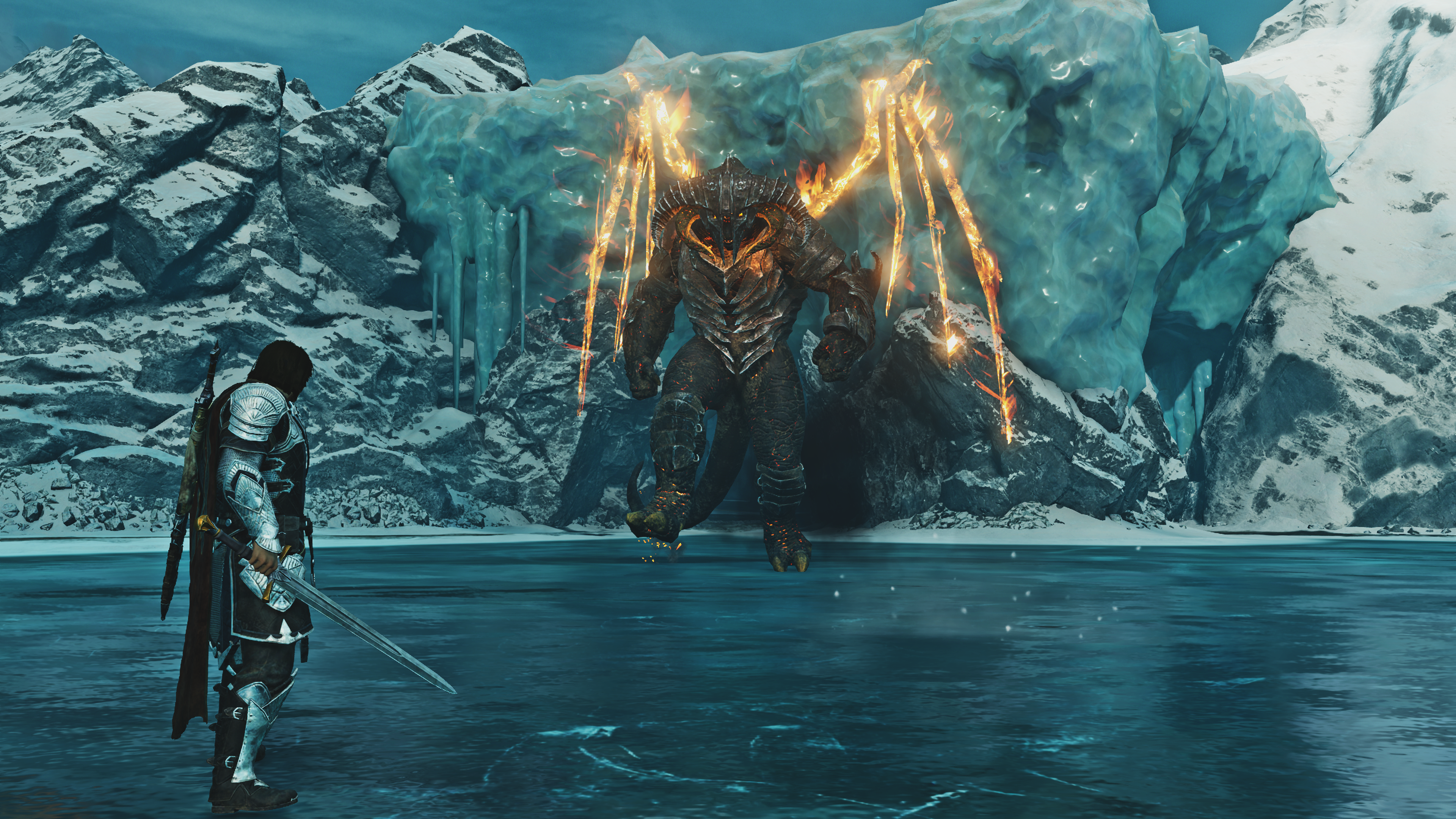Balrog from Middle-earth Shadow of War facing a warrior HD Wallpaper