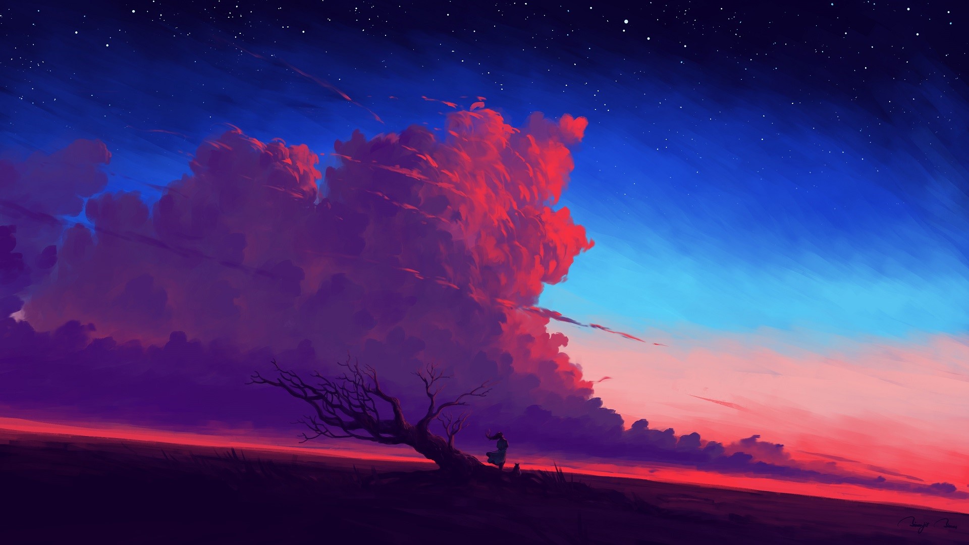 Woman and tree under colorful clouds and starry sky HD Wallpaper