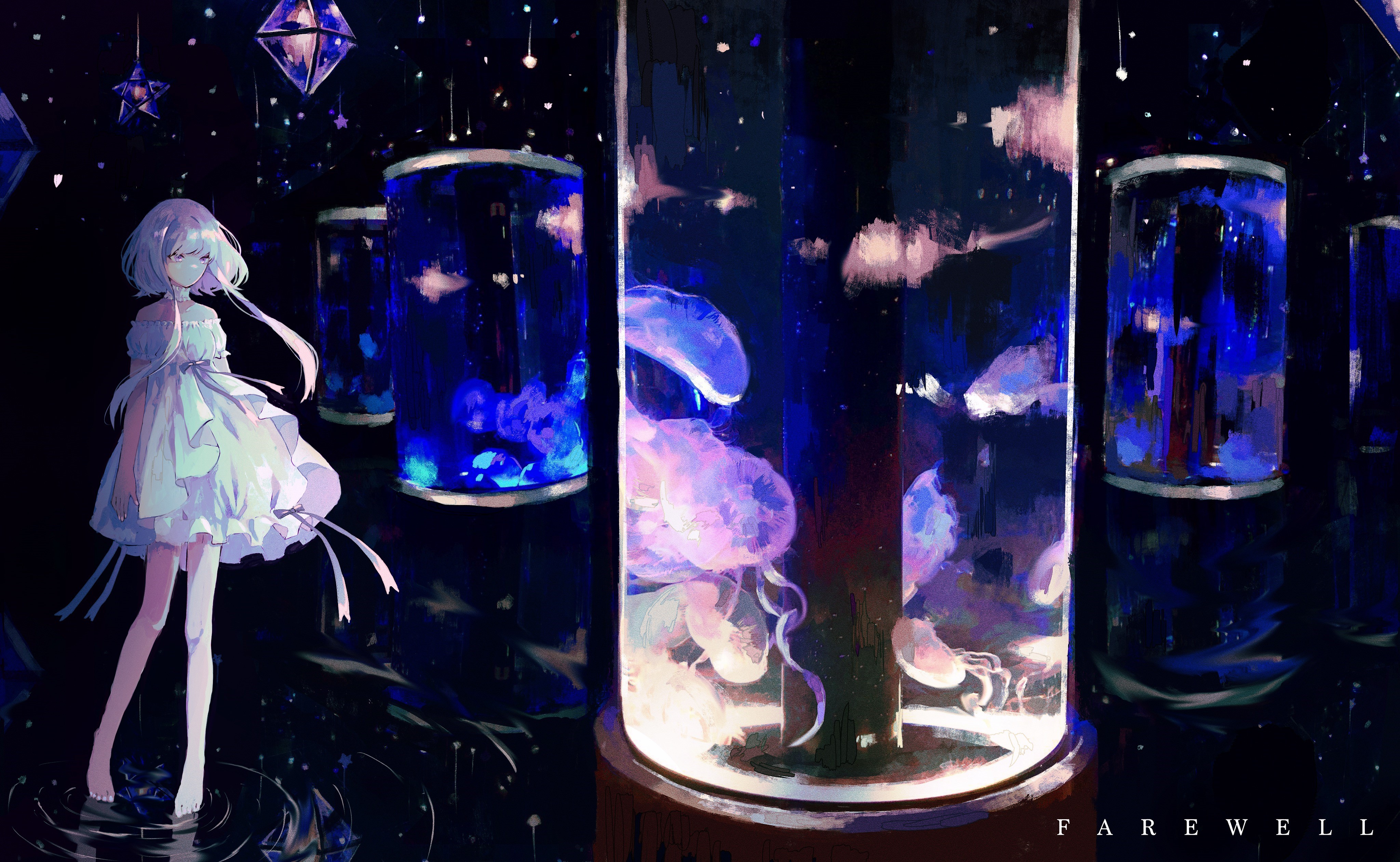 Anime girl in a dress with jellyfish tanks HD Wallpaper