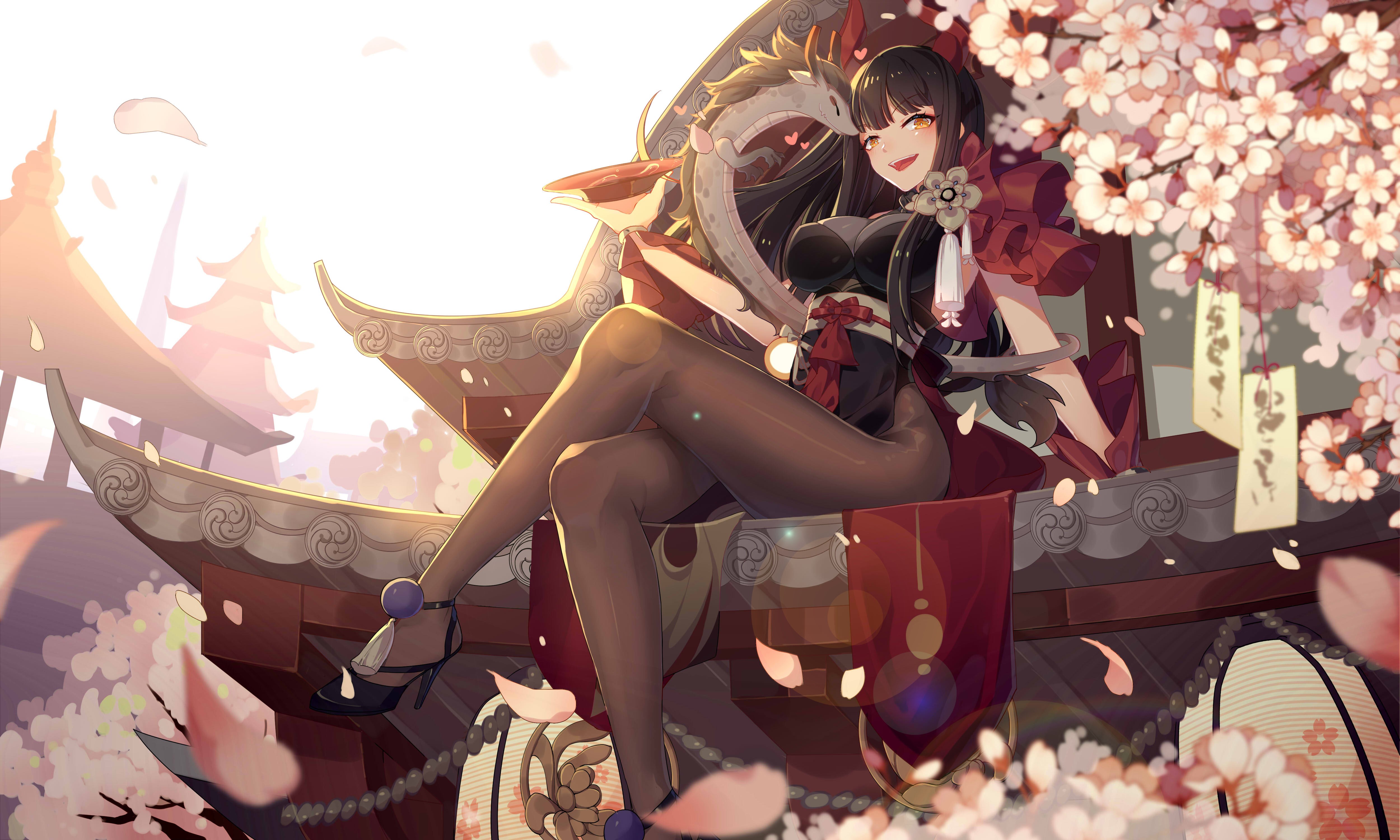 Anime girl with dragon and cherry blossoms HD Wallpaper