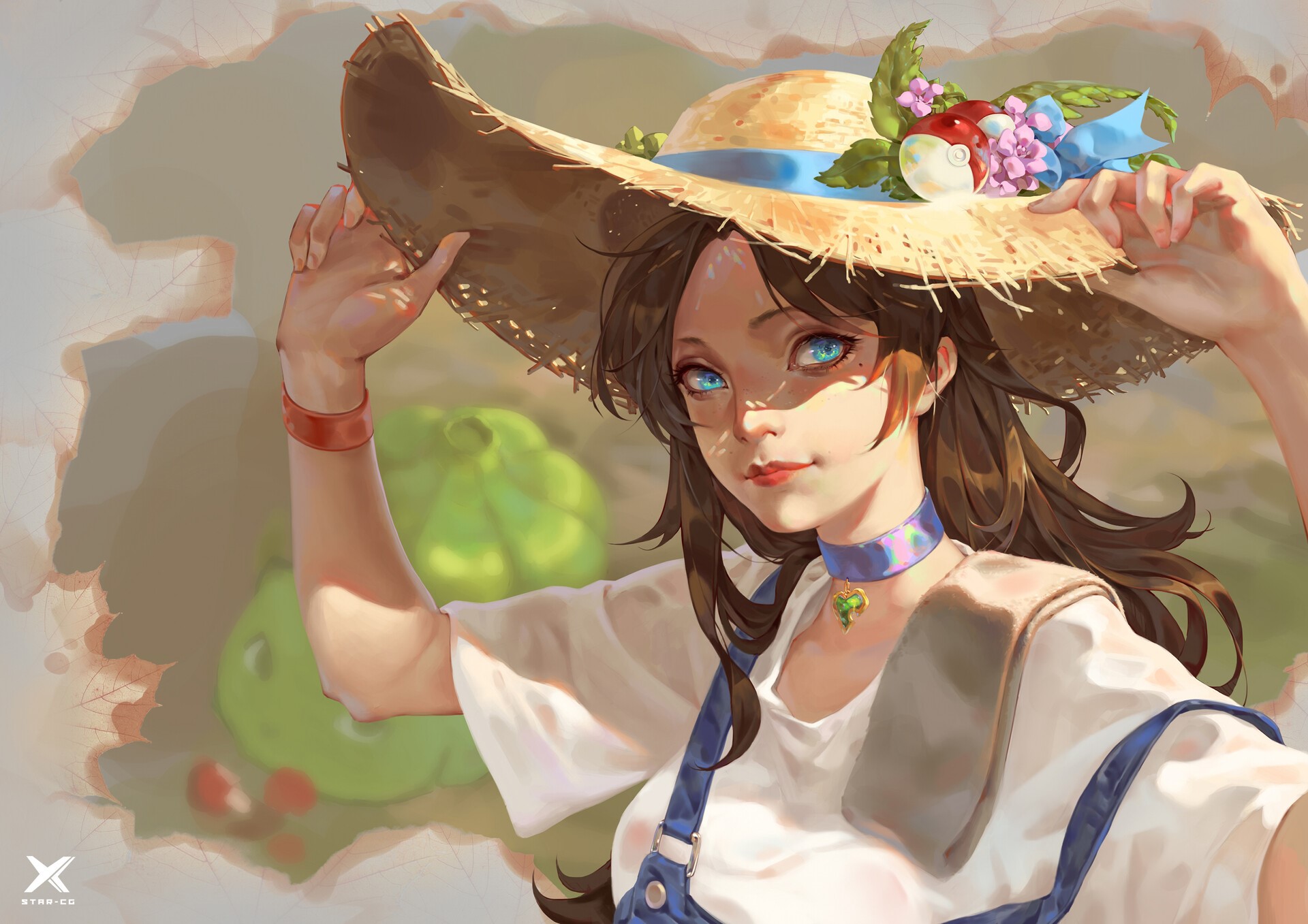 Woman with blue eyes wearing a straw hat and overalls HD Wallpaper