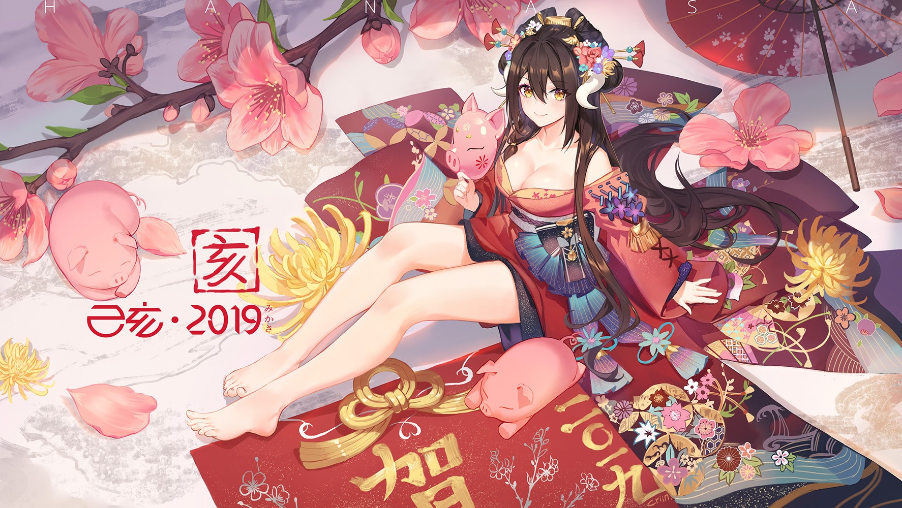 Anime girl in kimono with pigs and flowers HD Wallpaper